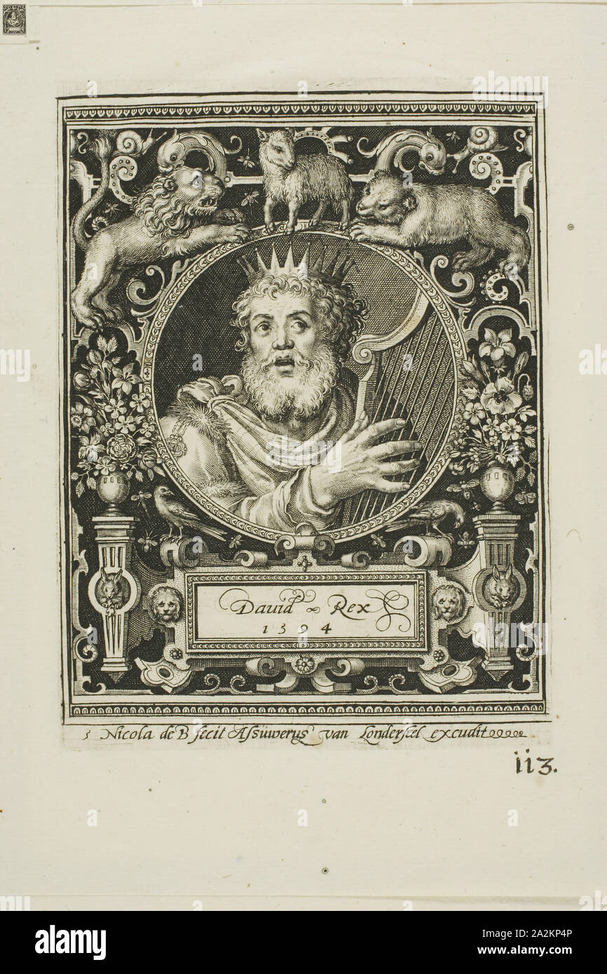 Le roi David, cinq des neuf plaque dignes, 1594, Nicolaes de Bruyn (1571-1656), flamand, publié par Assuerus van Londerseel (flamande, 1572-1635), Flandre, gravure en noir sur papier vergé crème, 118 × 91 mm (image), 125 × 92 mm (plaque), 180 × 147 mm (feuille Banque D'Images