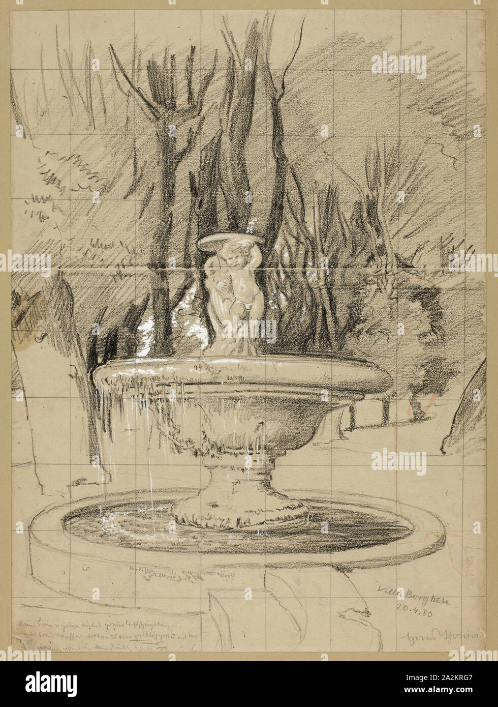 Fontaine avec putti dans le jardin de la Villa Borghese, 1880, Hans Thoma, allemand, 1839-1924, l'Allemagne, plus de crayon noir graphite, avec blanc opaque aquarelle et touches de rouge de la craie, squared avec du graphite pour transfert, sur vélin beige, 466 × 346 mm Banque D'Images