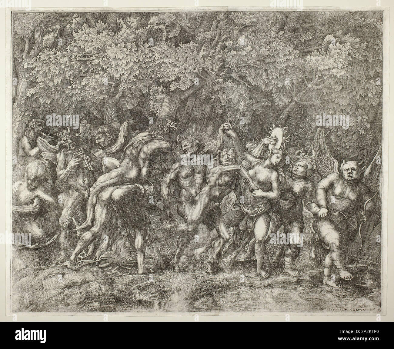 Bacchanal, ch. 1550, Giulio Sanuto, Italien, actif 1540-1580, l'Italie, gravure en noir sur deux feuilles de papier vergé ivoire, rejoint par le Centre, 451 x 554 mm (image), 455 x 558 mm (plaque), 465 x 574 mm (feuilles Banque D'Images