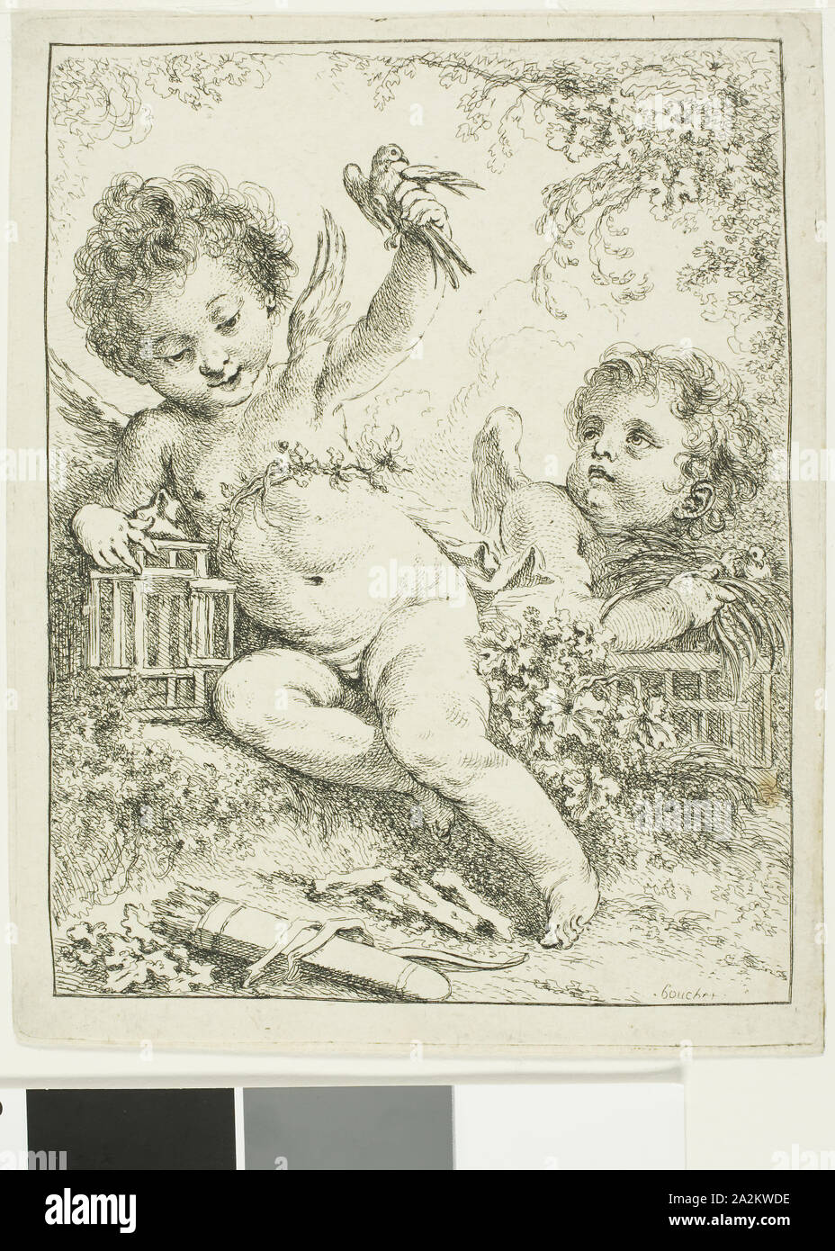 Deux Putti avec un oiseau, n.d., François Boucher, Français, 1703-1770, France, Eau-forte sur papier vergé crème, 184 × 141 mm Banque D'Images