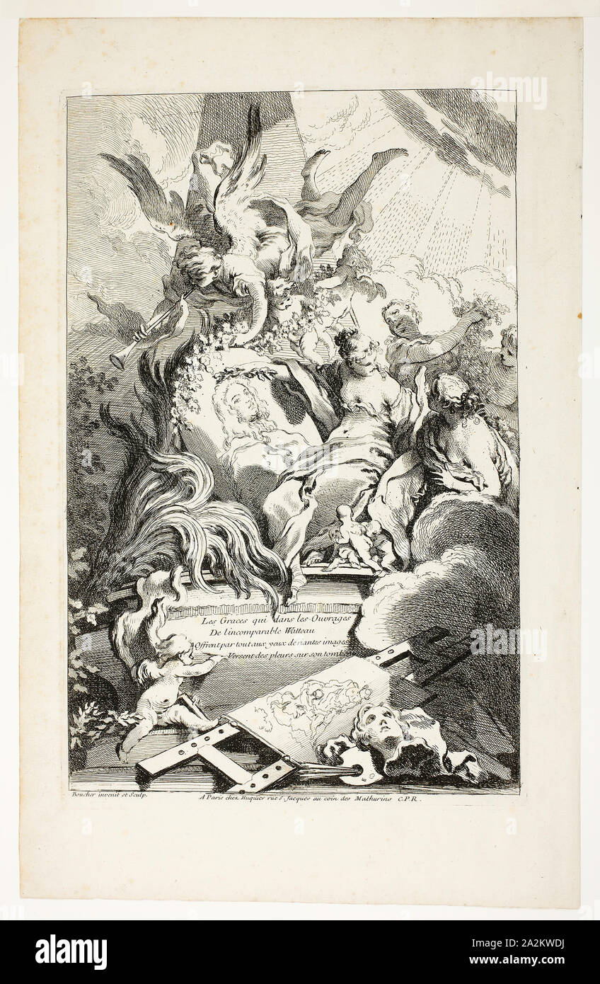 Les grâces sur la tombe de Watteau, n.d., François Boucher, Français, 1703-1770, France, Eau-forte sur papier vergé ivoire, 353 × 320 mm Banque D'Images