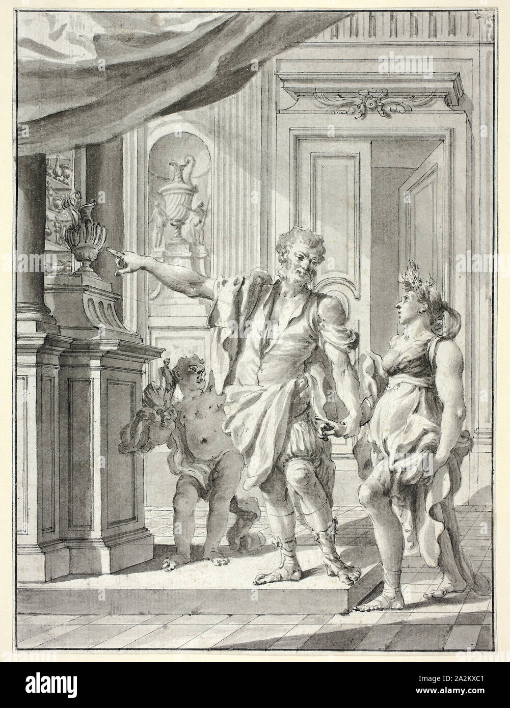Un homme à la tête d'une femme dans une galerie d'antiquités et arts décoratifs, n.d., Giacomo Cestaro, Italien, actif dans la région de Naples, 1718-1778, l'Italie, plume et encre gris et gris et brosse de lavage, sur graphite, blanc cassé sur papier, 281 x 210 mm Banque D'Images