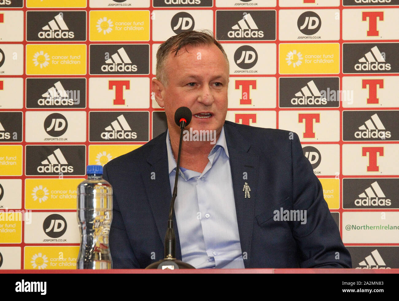 Windsor Park, Belfast, Irlande du Nord, Royaume-Uni. 06Th Oct 2019. L'Irlande du manager Michael O'Neill nommé son équipe aujourd'hui pour le match de qualification de l'Euro 2020 contre les Pays-Bas (à Rotterdam le 10 octobre) et un match amical contre la République tchèque (à Prague le 14 octobre). L'Irlande du Nord est deuxième, derrière l'Allemagne sur la différence de but, dans le groupe C, tandis que les Pays-Bas sont troisième, trois points derrière avec un jeu en main.Crédit : David Hunter/Alamy Live News. Banque D'Images