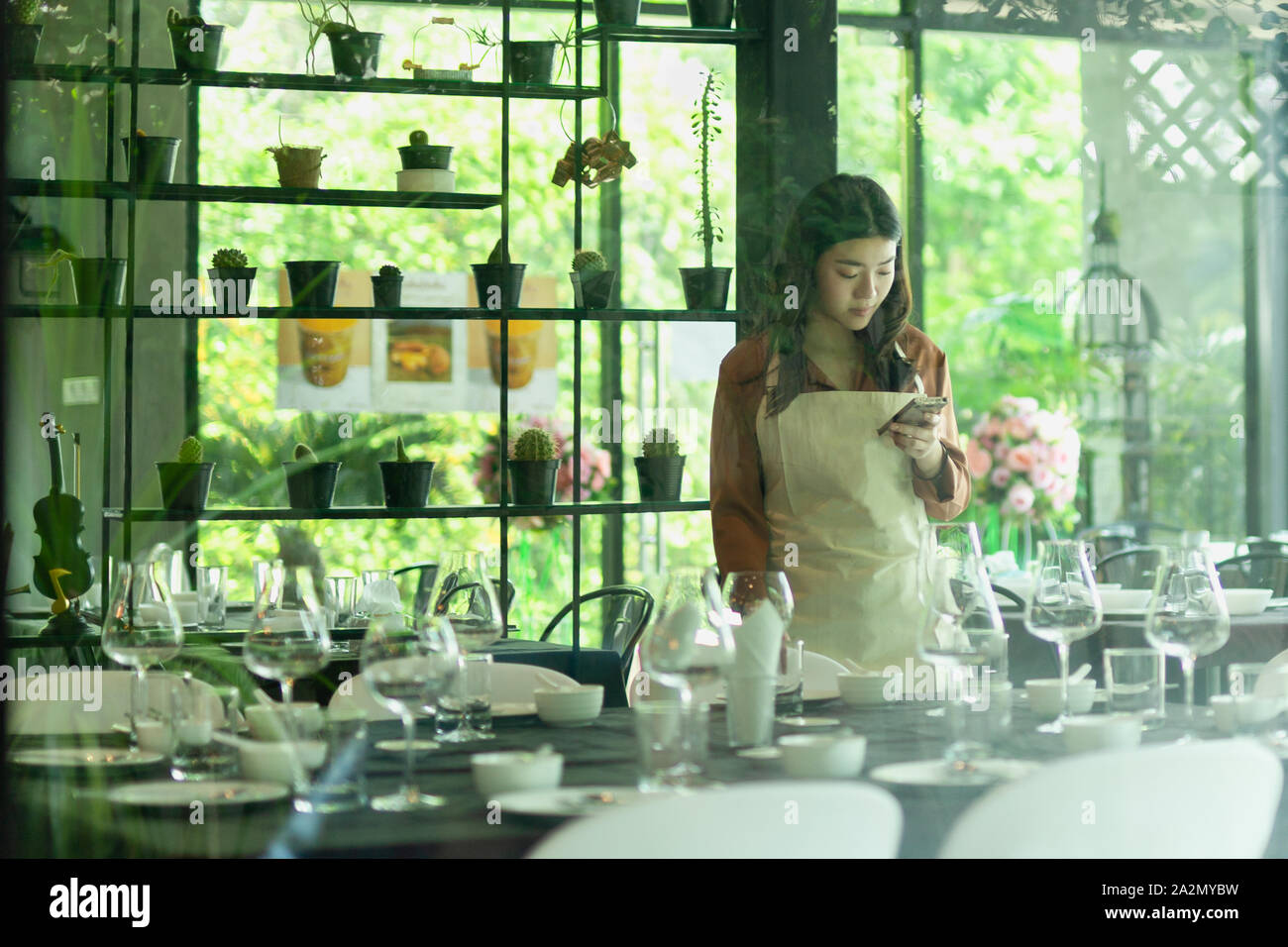 Pme en jeune femme propriétaire de restaurant à l'aide de coup de téléphone cellulaire à travers la fenêtre. Banque D'Images