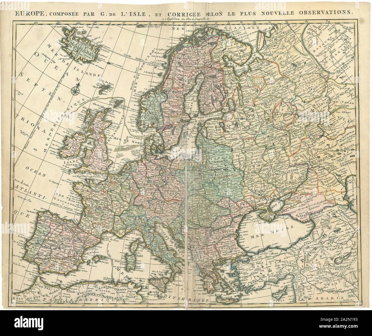 La carte, l'Europe, composée par G. DE L'Isle, et corrigée selon le plus nouvelle observations, Guillaume Delisle (1675-1726), impression sur cuivre Banque D'Images