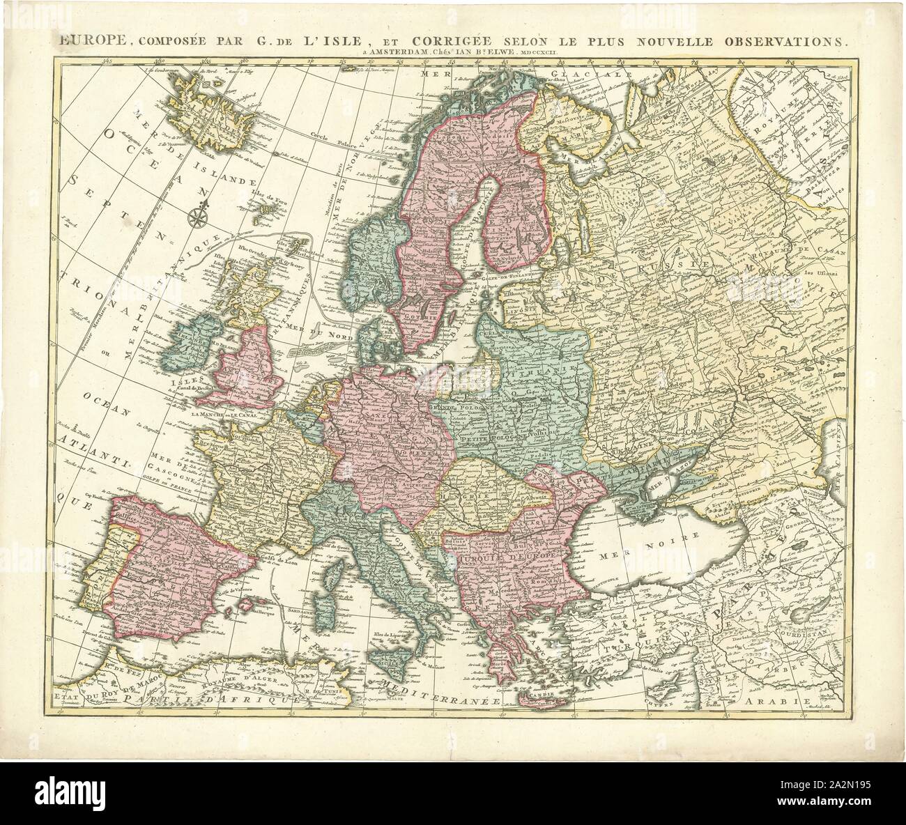 La carte, l'Europe, composée par G. DE L'Isle, et corrigée selon le plus nouvelle observations, Guillaume Delisle (1675-1726), impression sur cuivre Banque D'Images