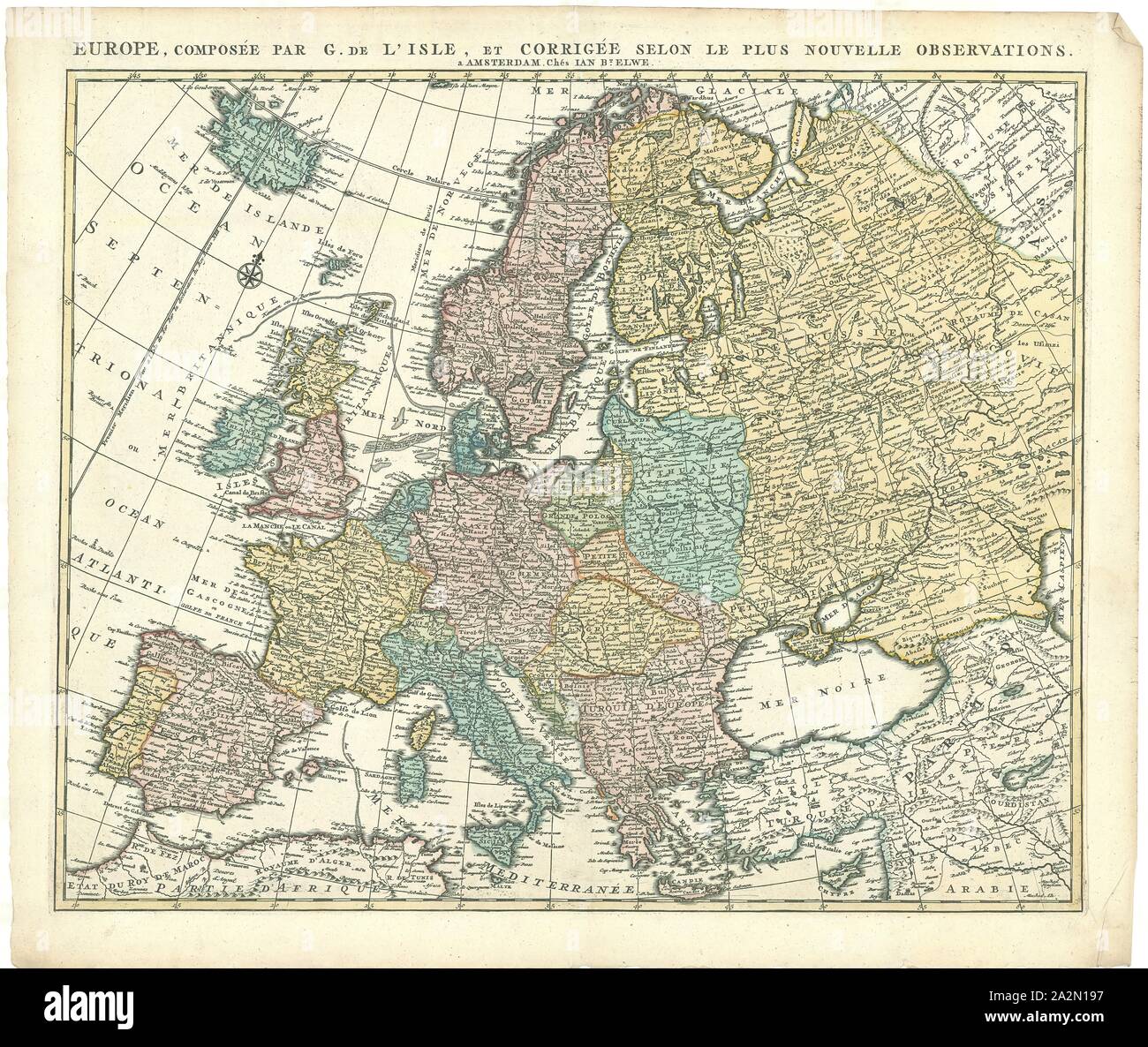 La carte, l'Europe, composée par G. DE L'Isle, et corrigée selon le plus nouvelle observations, Guillaume Delisle (1675-1726), impression sur cuivre Banque D'Images