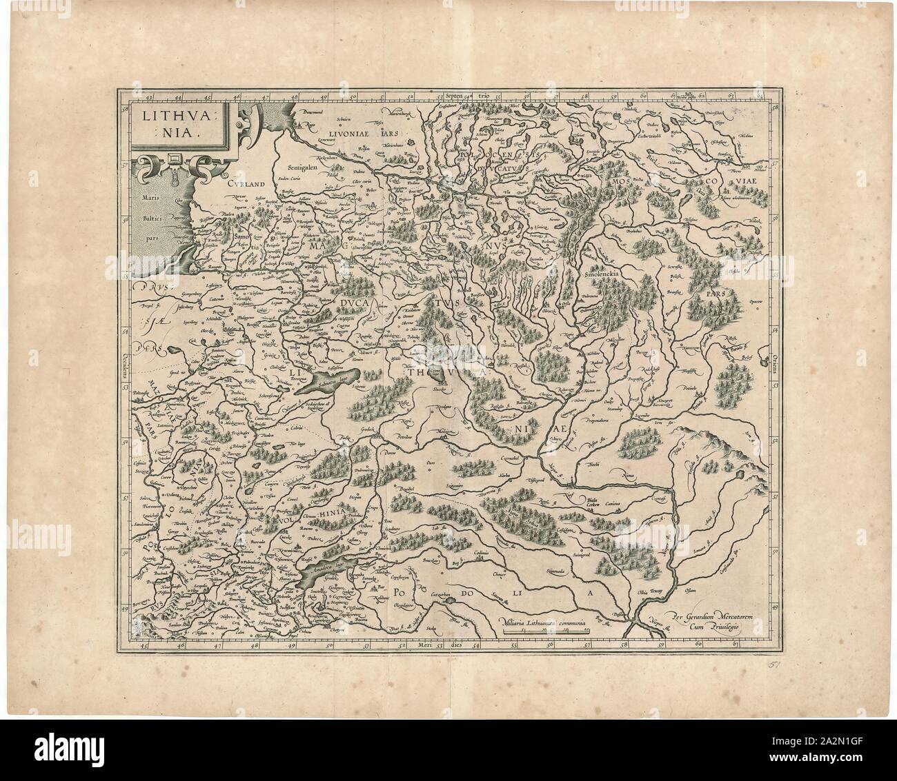 La carte, par Lithvania Gerardum Mercatorem, Gérard Mercator (1512-1594), impression sur cuivre Banque D'Images