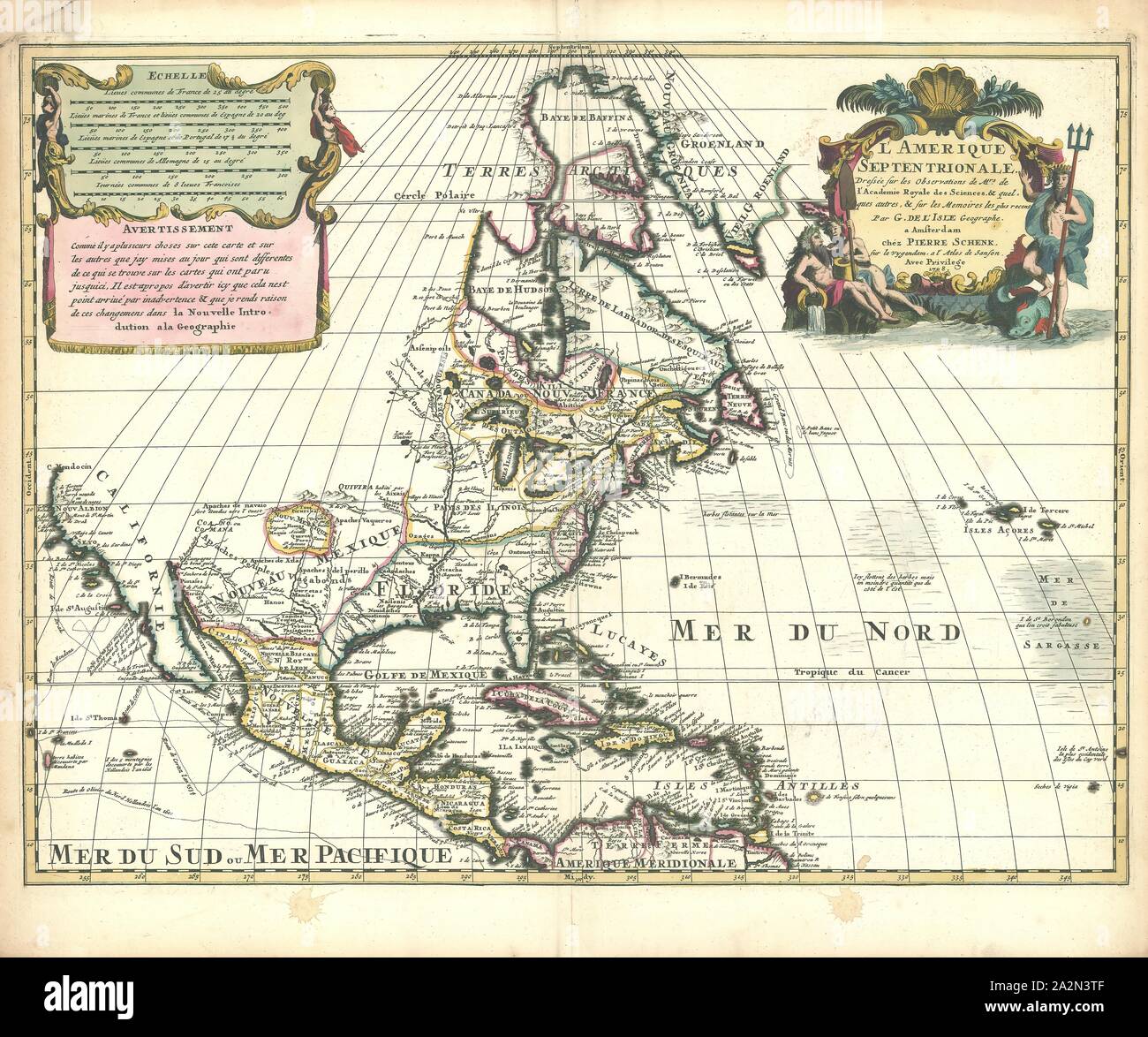 La carte, de l'Amerique Septentrionale, Guillaume Delisle (1675-1726), impression sur cuivre Banque D'Images