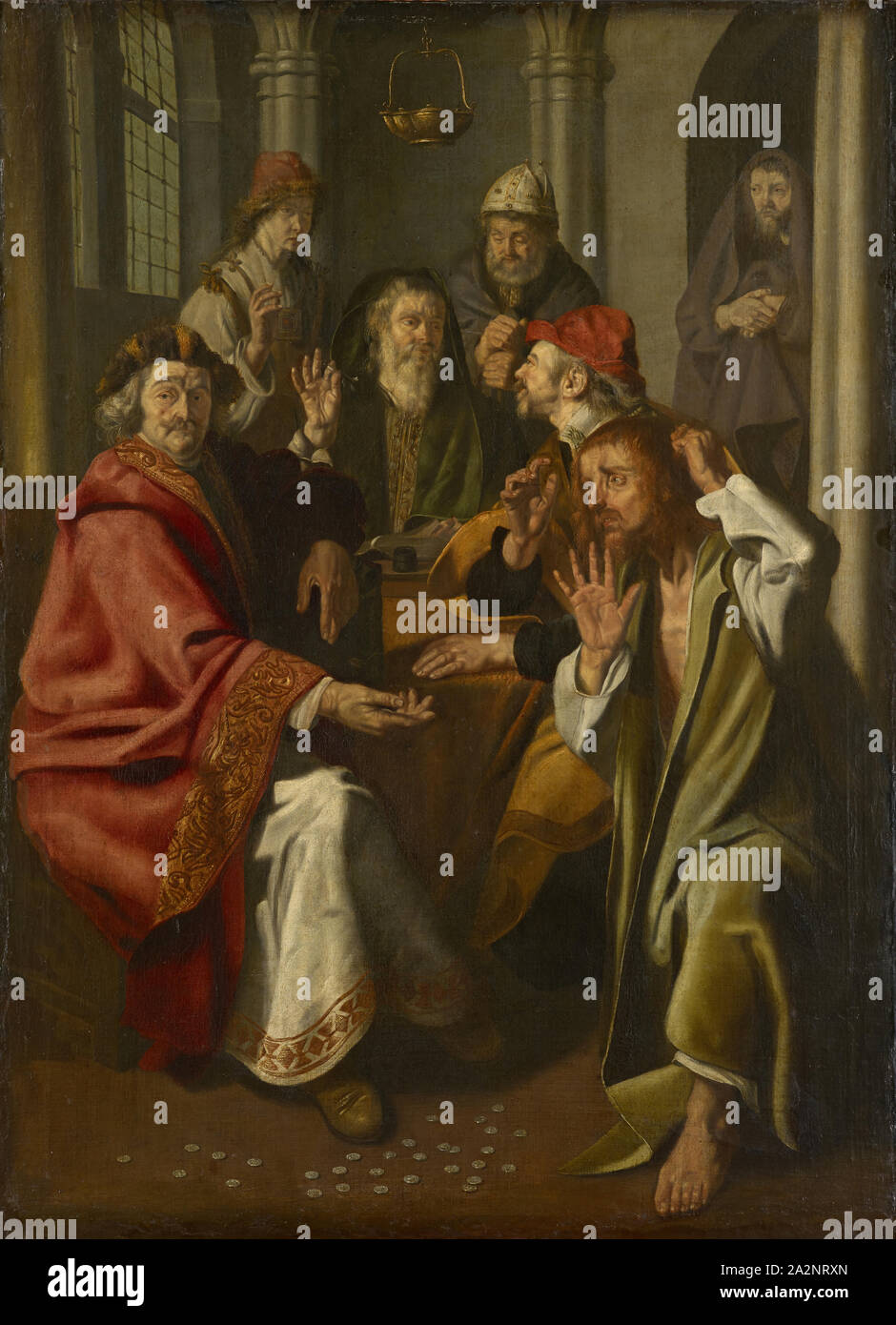Judas renvoie les pièces d'argent, huile sur toile, 140 x 102 cm, signé au dessous de l'encrier : J.W., le STAP, Jan Woutersz. gen. Le STAP, 1599- fév. 1663 Banque D'Images