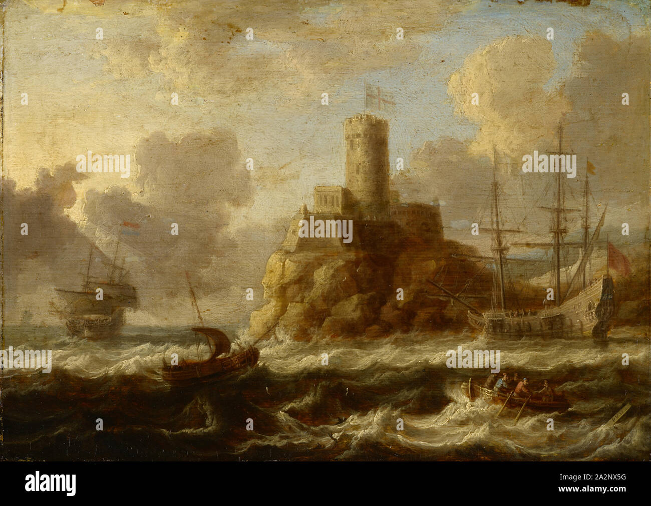 La forteresse en bord de mer avec déménagement, huile sur bois de chêne, 24,5 x 34,5 cm, monogrammé sur la planche flottante à l'eau en bas à droite : PVV, Peter van de Velde, Anvers 1634 - nach 1723 Antwerpen Banque D'Images