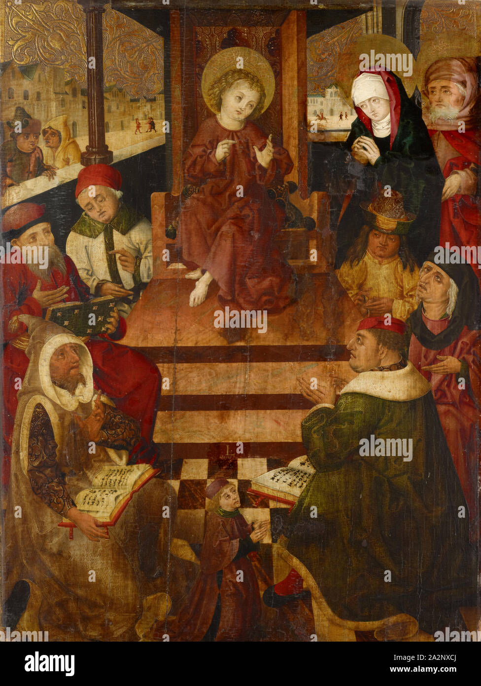 La période de douze ans, Jésus au temple avec un bienfaiteur d'agenouillement, ch. 1460/1470, technique mixte sur bois, 115 x 85 cm, non marqué, Hans Pleydenwurff, (Umkreis / cercle), Bamberg ( ?) um 1425-1472 Nürnberg Banque D'Images