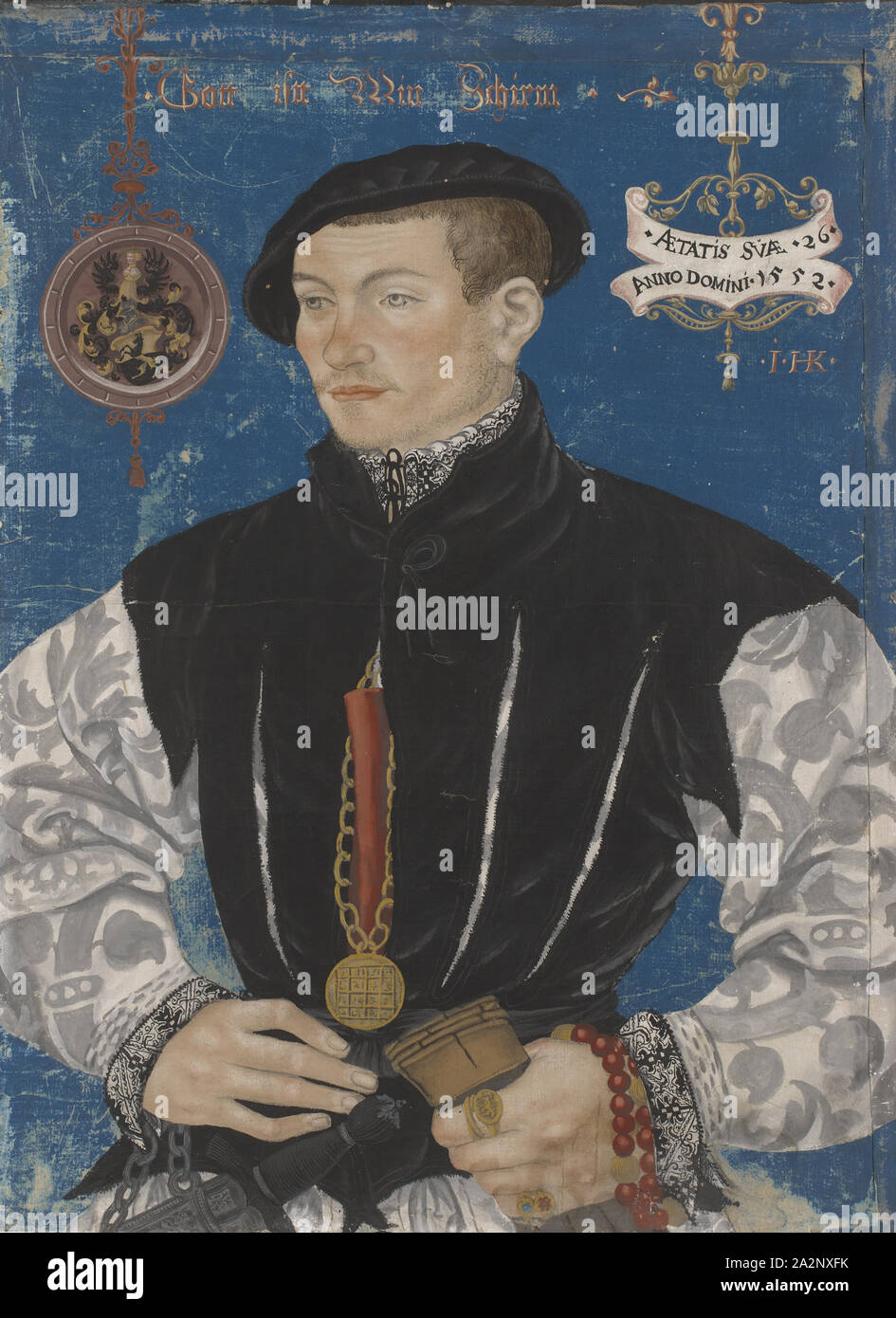 Portrait de Hans Rispach, 1552, tempera sur papier, monté sur toile, 51 x 38 cm, signé à droite : • • • HK [je] ligaturée, daté sur la bande : • • • ATTATiS SVAE 26 Anno Domini 1552 • •, en haut de l'écran la devise : Dieu • • l'écran est Min, Hans Hug Kluber, Bâle Bâle 1578-1535/36 Banque D'Images