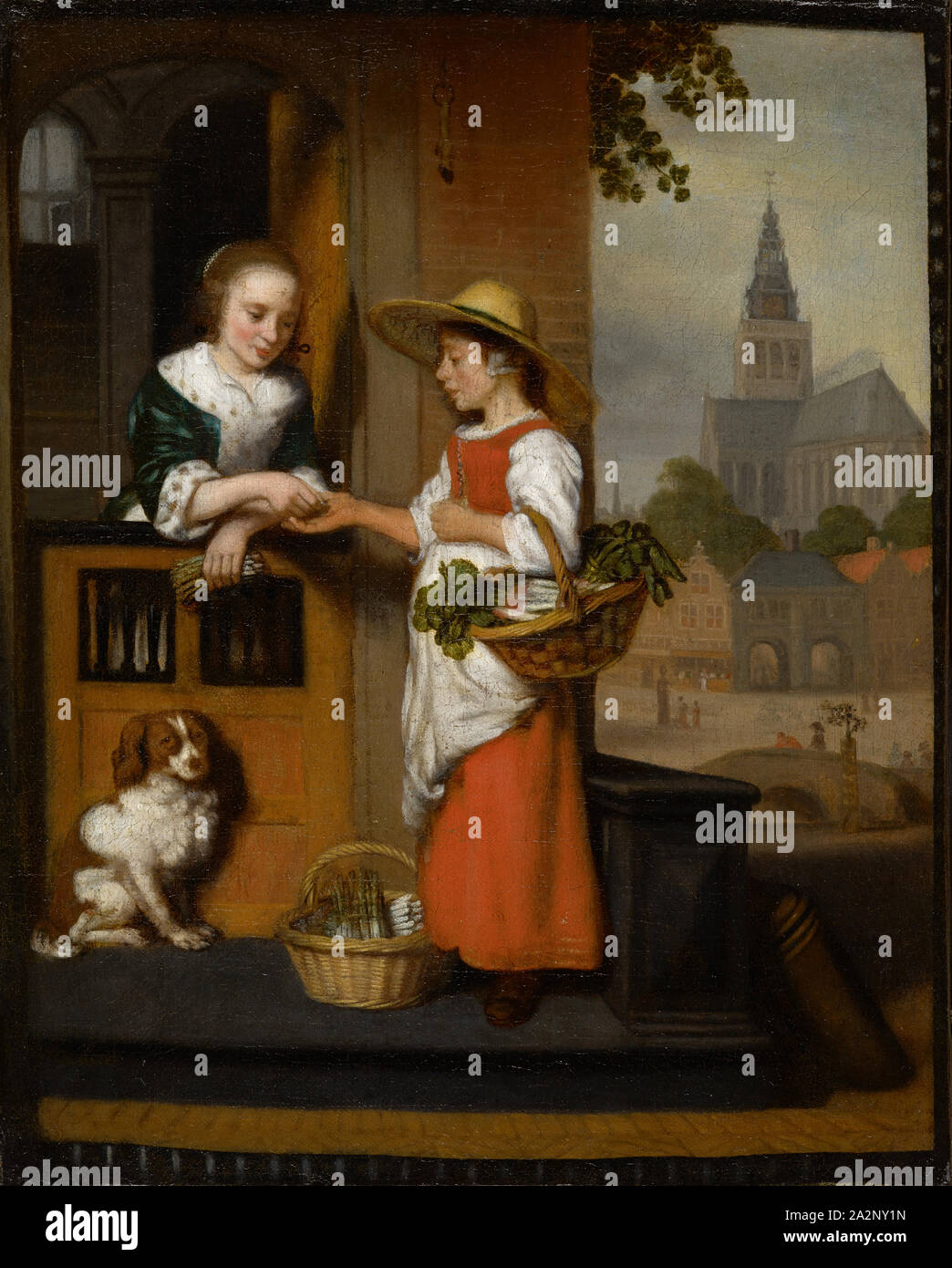 Vendeur de légumes, fin Années 1650, huile sur toile, 48,1 x 38,3 cm, non marqué, Nicolaes MAES, Dordrecht 1634-1693 Amsterdam Banque D'Images
