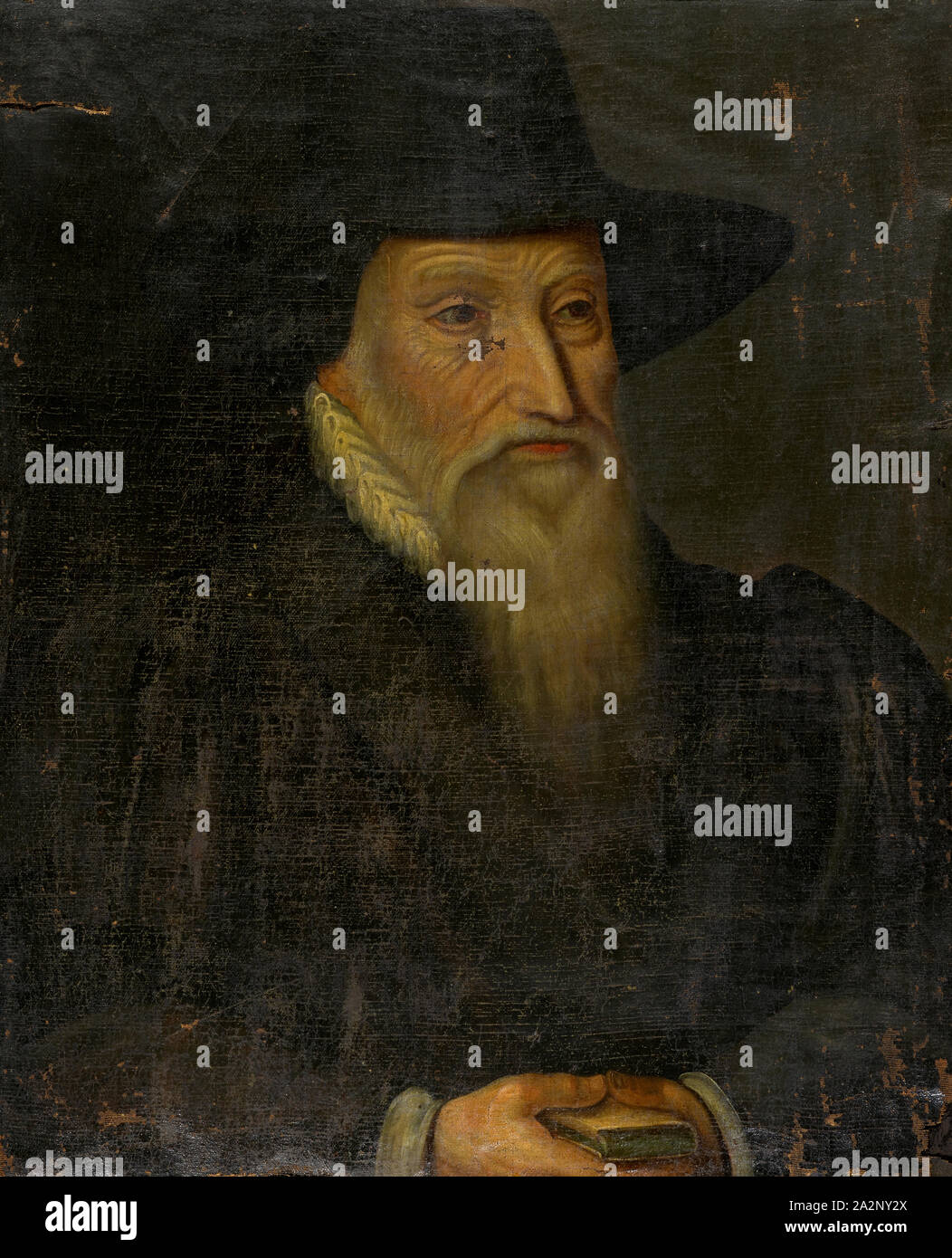 Portrait d'un homme barbu blanc-noir dans un chapeau à large bord, huile sur toile, 78 x 65 cm, non marqué, Schweizerischer Meister, 17. Jh Banque D'Images