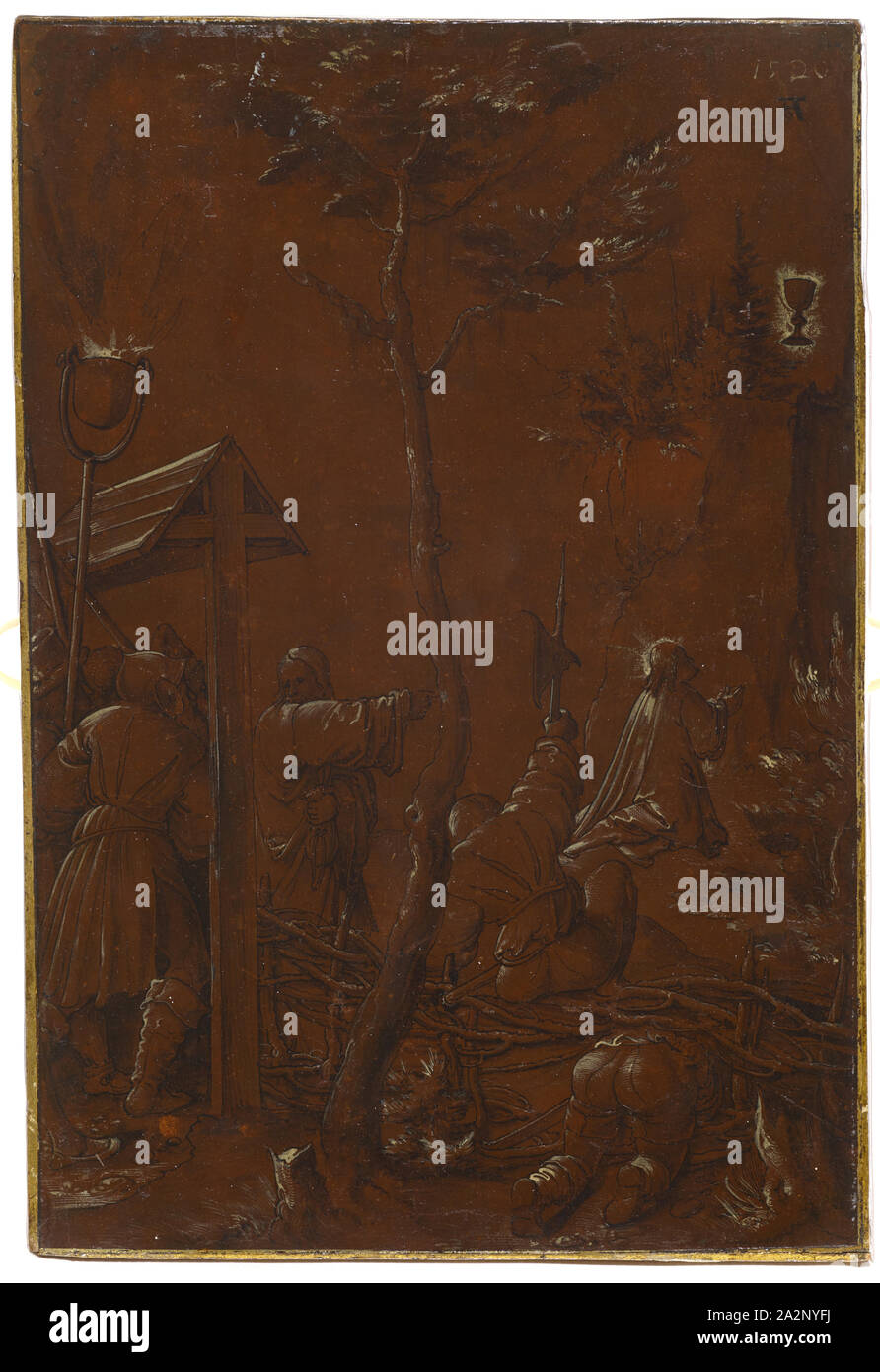 Le Christ au mont des Oliviers, 1520, stylo en noir, lavés, rehaussée de blanc, brun rougeâtre sur papier apprêté, monté sur bois, 30,6 x 21,1 folia : cm, O. r., datée à l'aide d'un pinceau en blanc : 1520, Hans Leu d. J., Zürich um 1490-1531 dans der Schlacht am Gubel Banque D'Images