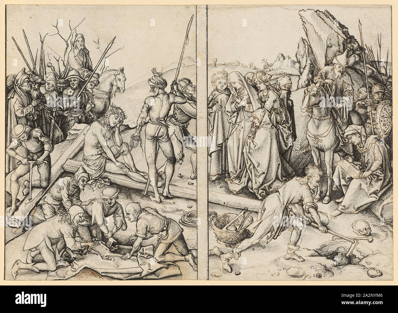 Les préparatifs de la crucifixion du Christ, ch. En 1490, plume, noir sur gris avec dessin préliminaire (moitié gauche) et l'encre brune (moitié droite), deux feuilles juxtaposées, montés, feuille : 21,2 x 29,7 cm, non signé, Ludwig Colmar Schongauer, um 1440-1493/1494 Colmar Banque D'Images