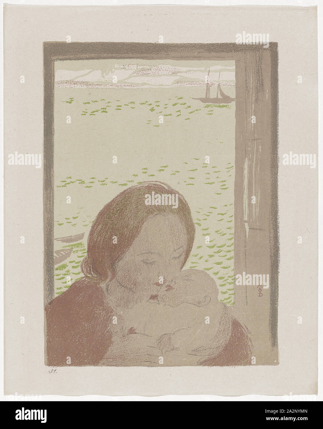 Maternité devant la mer, ou Maternité au Pouldu, 1900, craie et lithographie de brosse en 3 couleurs sur papier Chinois, imprimé par Auguste Clot, edition 100, feuille : 41,6 x 33,7 cm |, Image : 34,7 x 25,3 cm, dans la pierre sur la droite : MAVD monogramme vertical, Maurice Denis, Granville 1870-1943 Saint-Germain-en-Laye Banque D'Images