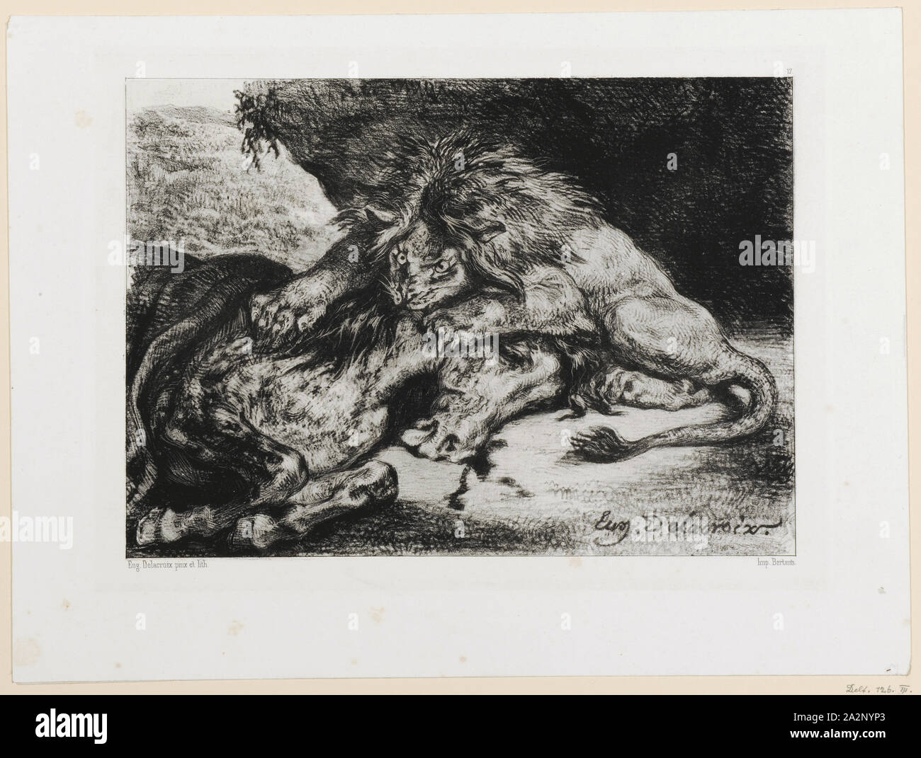 Un Dvorant Lion cheval, 1844, lithographie, 4e état de craie (de 5), feuille : 23,5 x 31,6 cm |, Photo : 16,8 x 23,6 cm, Im Stein u.r., signé : Eug., Delacroix, Eugène Delacroix, Charenton-Saint-Maurice/Val-de-Marne 1798-1863 Champrosay bei Paris Banque D'Images