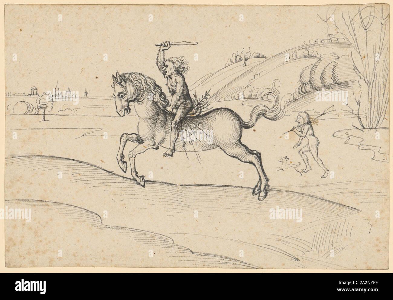 Homme sauvage, sur un cheval au galop, vers le bas en gris et noir, feuille : 10,5 x 15,3 cm, non marqué, Ludwig Colmar Schongauer, um 1440-1493/1494 Colmar Banque D'Images