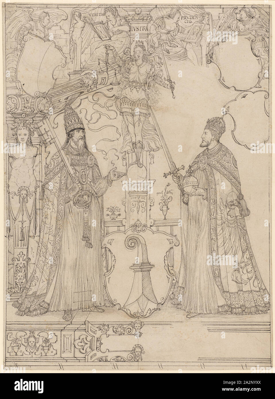 La rupture du disque avec le Pape Clément VII et l'Empereur Charles V et le bord du bouclier comme armoiries de Bâle (pour la faculté de droit de l'Université de Bâle), plume en noir, des traces d'un dessin préliminaire avec un crayon noir, page : 43,3 x 31,8 cm |, Image : 42,7 x 31,3 cm, O. inscrite dans l'illustration : VERITAS, IVSITIA [sic], PRUDEN, CIG, Ludwig Ringler, Bâle 1536-1606 Basel Banque D'Images