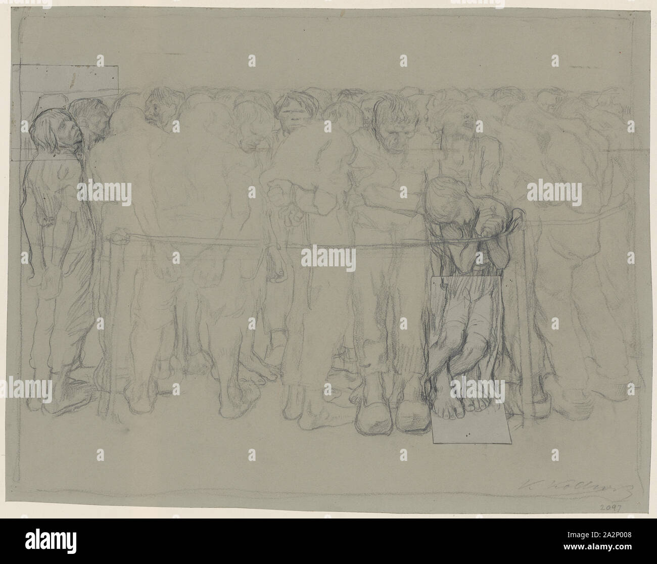 Les prisonniers, 1908, crayon sur papier gris-vert, papier collé des fragments du même document o. l., et u., r., feuille : 33,9 x 43,3 cm (plus grande masse), U. r., signée et numérotée au crayon : K Kollwitz, 2097, Käthe Kollwitz, Königsberg dans Preussen (heute Kaliningrad) 1867-1945 bei Dresden Radebeul Banque D'Images