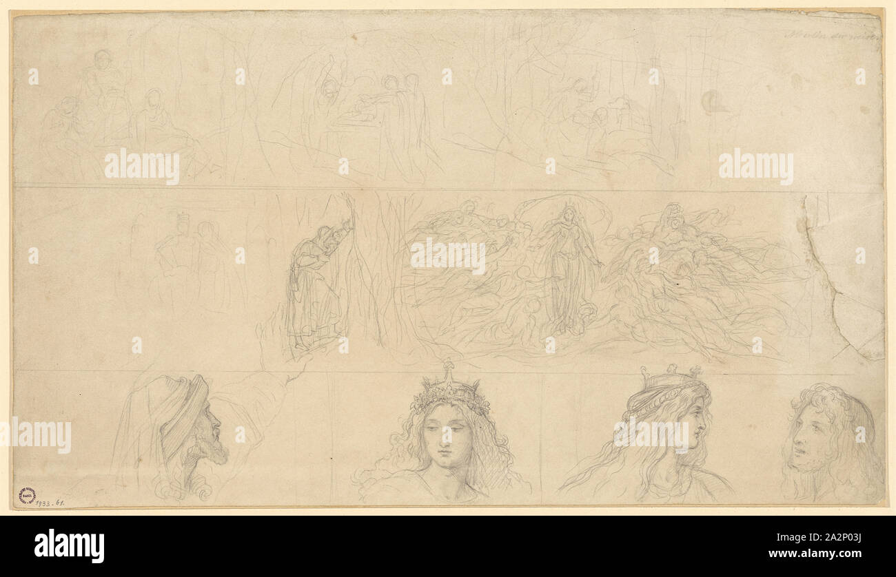 Idée de Sketches pour la belle Mélusine, c. 1868/69, crayon, montés, feuille : 24,5 x 43,2 cm, O. r., inscrit au crayon : Merlin le sage, Moritz von Schwind, Wien 1804-1871 Niederpörking b. München Banque D'Images