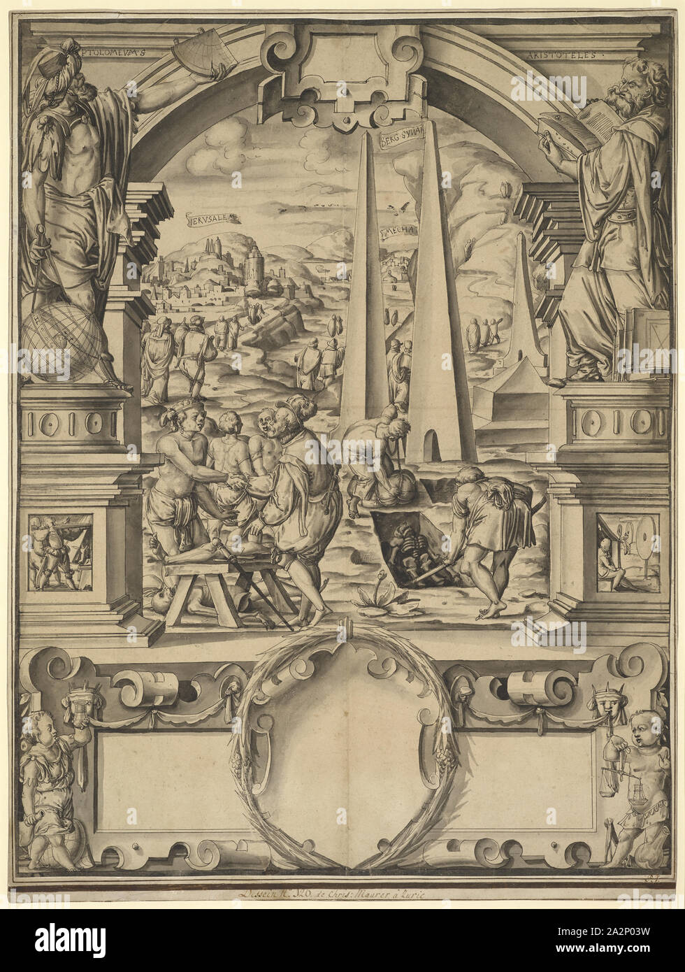 Rupture de disque avec Leonhard Thurneysser dans l'Orient sur l'acquisition de momies, flanquée par Ptolémée et Aristote, ci-dessous, l'écusson vierge c. En 1579, un stylo noir, gris lavé, ancien monté, folio : 64,1 x 49,2 cm, O. l., espace : PTOLOMEVS M [barré], o. r . : ARISTOTELES, en écriture de bandes dans le paysage : IERVSALEM SŸNAI, MOUNTAIN, MECHA, Christoph Murer, Zürich 1558-1614 Winterthur Banque D'Images