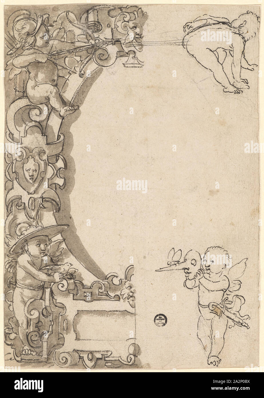 Les éclats de verre avec cadre ovale vide et image du milieu, dans les coins putti, c. 1570/75, plumes en noir, marron lavé, vestiges d'un dessin préliminaire avec un crayon noir, feuille : 20,6 x 14,5 cm, non signé, marque, Bâle 1552 Hans-1577/78 ( ?) Bâle Banque D'Images