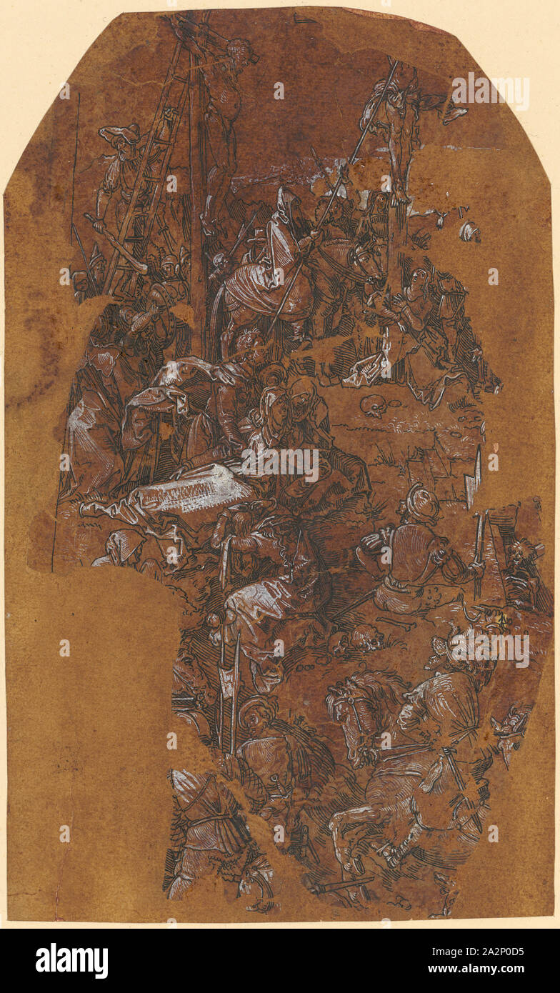 Calvaire (fragment), poisson louse, dessin à la plume ou au pinceau en noir, rehaussée de blanc, sur un matériau transparent (gélatine), de nombreux fragments juxtaposés, sur papier de couleur brunâtre, fixe, feuille : 24,6 x 14,7 cm (la plus grande masse de l'image), n'est pas marqué, Albrecht Dürer, (Kopie / copie), Nuremberg 1471-1528 Nürnberg Banque D'Images