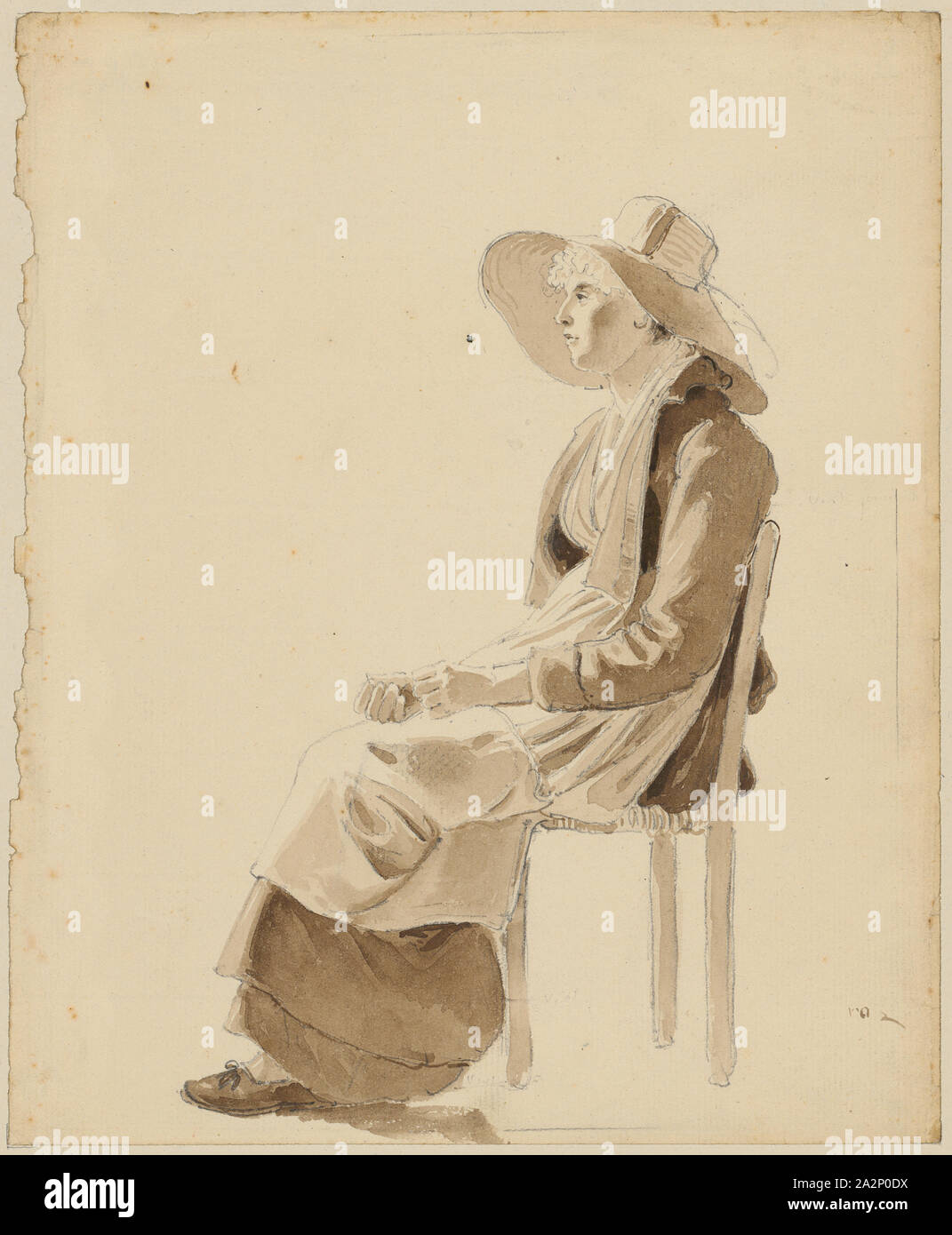 Femme assise avec chapeau à large à gauche, crayon, lavés dans brown, feuille : 22,9 x 18,9 cm, Wolfgang Adam Töpffer, Genf 1766-1847 Morillon bei Genf Banque D'Images