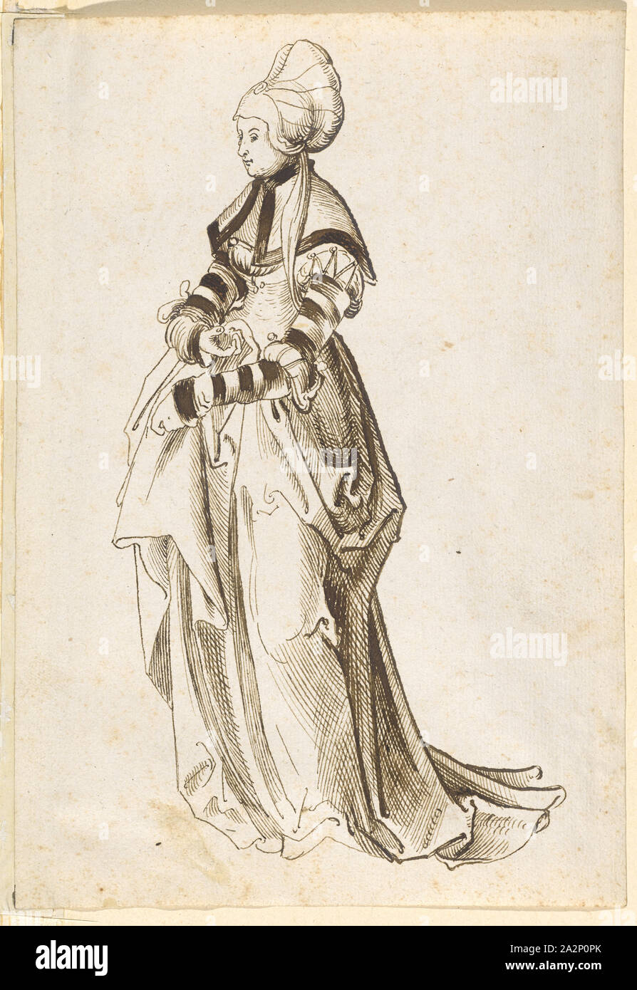 Femme du citoyen avec capot, 1ère H. 16e C., Brun Noir en plumes, lavés, Journal Officiel : 21,4 x 14,7 cm, non spécifié, Anonym, Schweiz, 1. Hälfte 16. Jh., Niklaus Manuel gen. Deutsch, (Umkreis / cercle), Berne um 1484-1530 Bern Banque D'Images