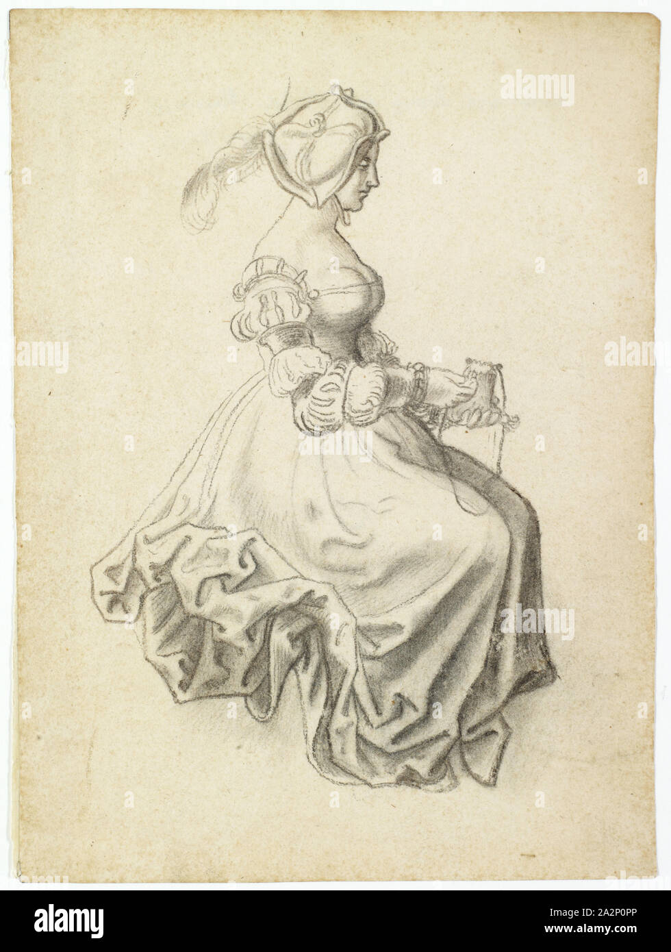 Femme assise avec sac à main, 1514/1516, craie noire, feuille : 20,9 x 15,5 cm, ne sont pas signalés, Anonym, Schweiz, 1. Hälfte 16. Jh., Niklaus Manuel gen. Deutsch, (Umkreis / cercle), Berne um 1484-1530 Bern Banque D'Images