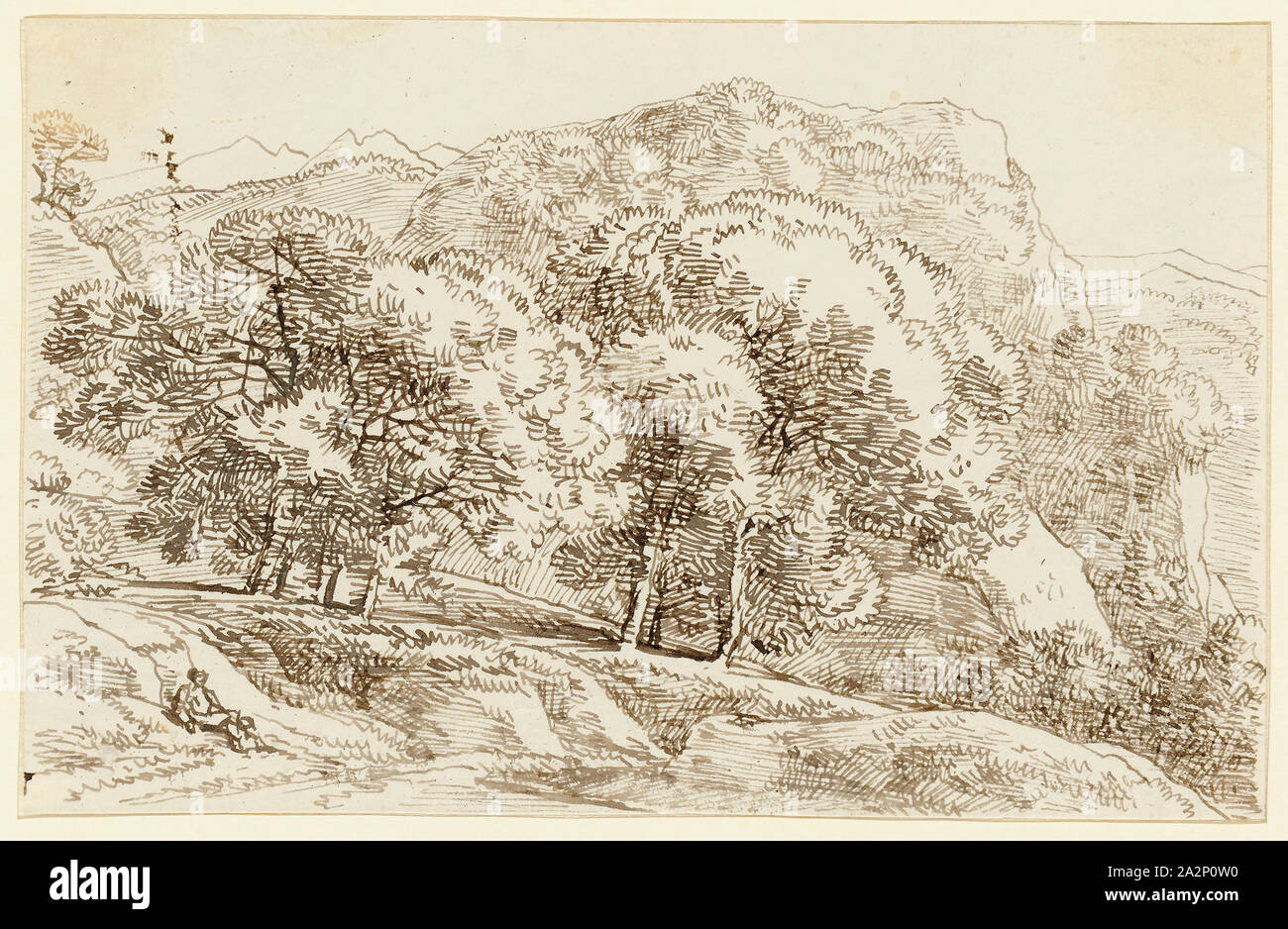 Paysage boisé, un randonneur en plumes, avant gauche (SEPIA), feuille : 10,1 x 16,6 cm, Franz Josef Innocenz, Mannheim 1749 Ange-München 1822 Banque D'Images