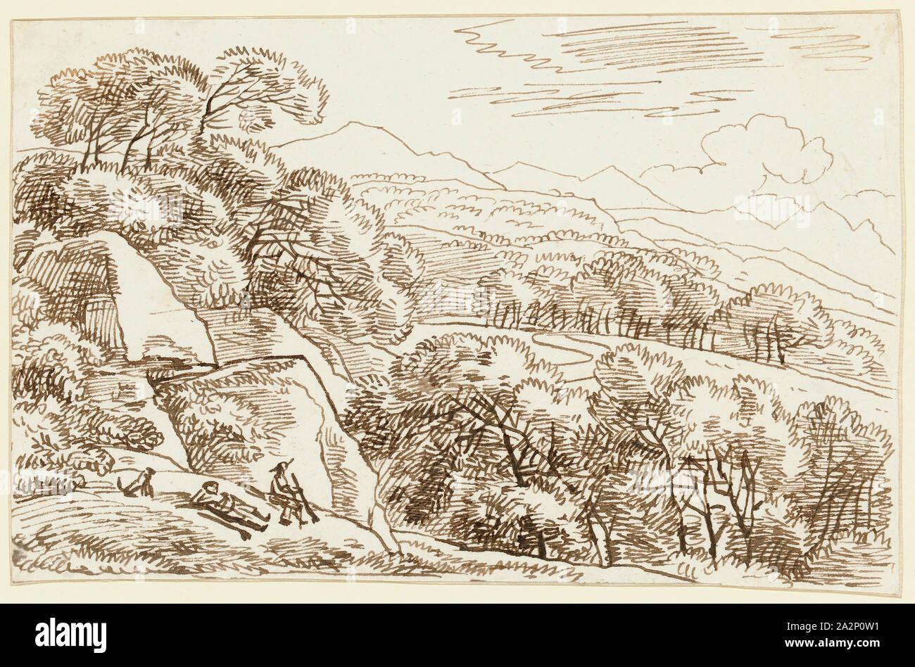 L'étude du paysage, deux randonneurs avec chien couché avant gauche, feather (SEPIA), feuille : 11,1 x 17,1 cm, Franz Josef Innocenz, Mannheim 1749 Ange-München 1822 Banque D'Images
