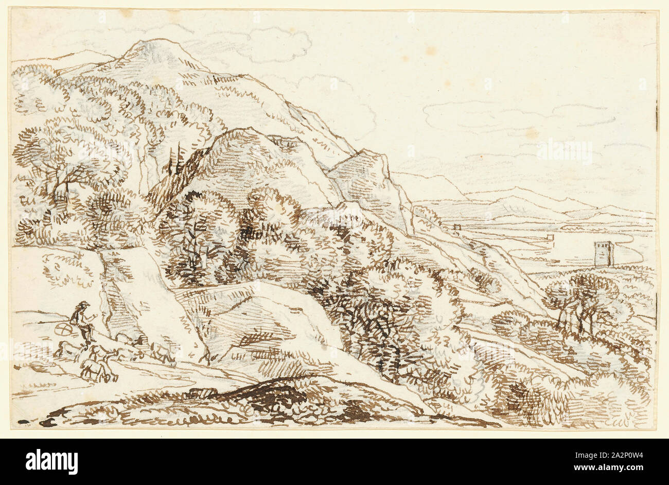 L'étude du paysage, un berger avec son troupeau à l'avant gauche, feather (SEPIA) sur crayon, feuilles : 11 x 17 cm, non signé, Franz Josef Innocenz, Mannheim 1749 Ange-München 1822 Banque D'Images