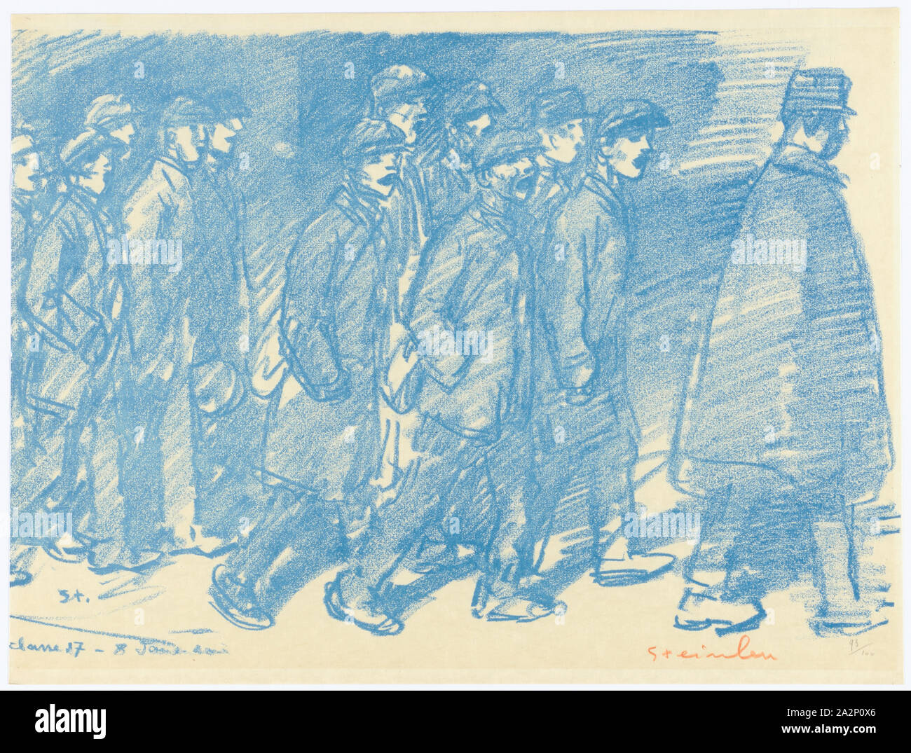 Sans titre, lithographie en bleu, 99/100, feuille : 28,3 x 37,4 cm, U. r., signé en crayon rouge : Steinlen, r., au crayon et numérotée suivant limited : 99/100, Théophile Alexandre Steinlen, Lausanne 1859-Paris 1923 Banque D'Images