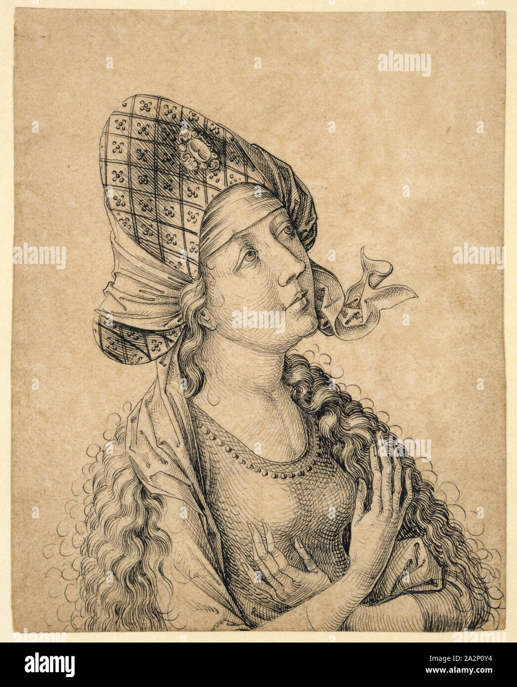 Half-length portrait of a woman looking up, à droite, ch. En 1470/80, un stylo noir, page : 18,4 x 14,4 cm, non signé, Anonym, Oberrhein (Elsass), um 1470/80 Banque D'Images