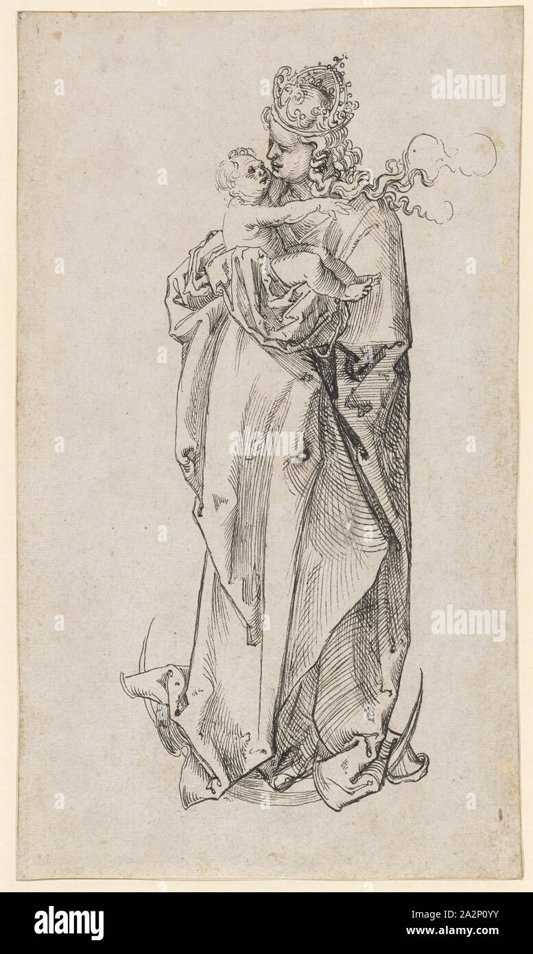 Marie avec l'enfant, debout sur le croissant de lune, plumes en noir, Journal Officiel : 28,3 x 16,6 cm, non signé, Anonym, Oberrhein (sog. Pseudo-Leu Banque D'Images