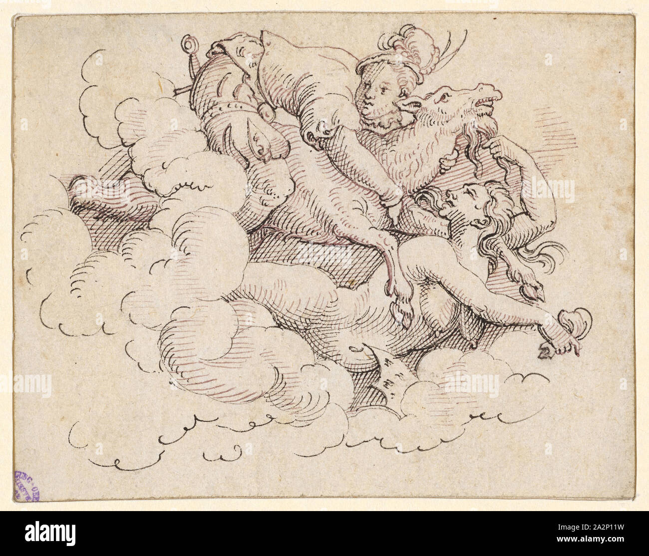 Une sorcière battant au droit porte dans les nuages une jeune Squire, école une chèvre, plumes en noir et violet, feuilles : 7,7 x 9,8 cm, non marqué, Virgil Solis, Nürnberg 1514-1562 Nürnberg Banque D'Images
