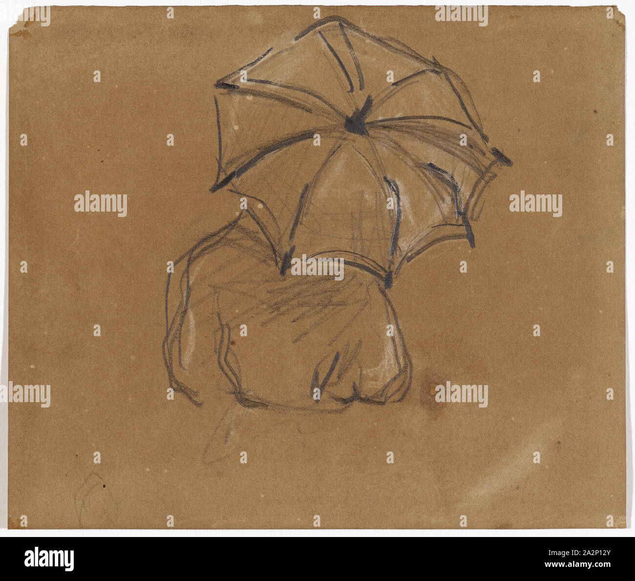 La figure avec parapluie, vu de derrière, 1866/69, craie noire et les hauteurs avec craie blanche sur papier dessin brun, verso : crayon, feuille : 14,3 x 16,9 cm, à l'arrière o. l., inscrite au crayon : Ma gracieuse Marie, Je vous aime et vous prie, de garder les mots d'écrit, que vous envoient vos amis., sur vos belles lèvres roses, ce bonbon glissera bien, il passe sur bien des choses, sans en gâter le carmin., Ce joli bonbon rose, utmärkt Si tourné dans une bouche rose, serait heureux d'entrer, à la r., d'un autre fragment de strophe, Paul Cézanne, Aix-en-Provence 1839-1906 Aix-en-Provence Banque D'Images