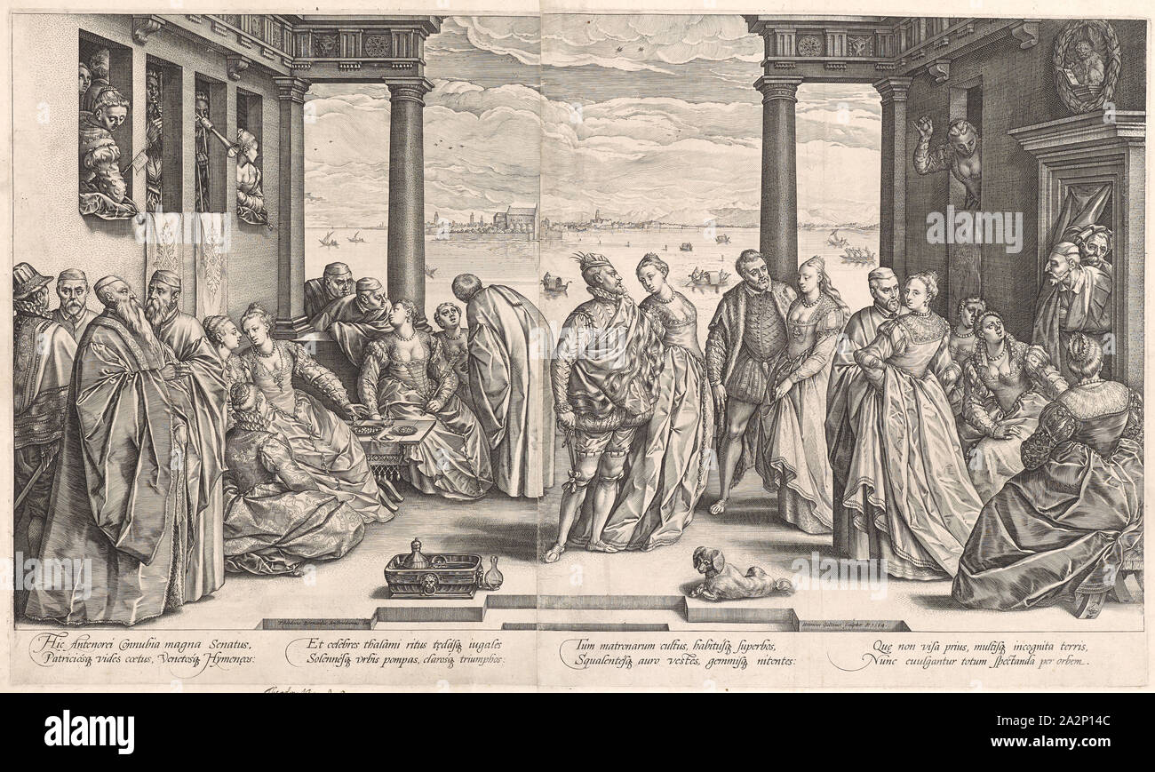 Le mariage de Venise, 1584, la gravure sur cuivre (de deux plaques), sur deux feuilles, papier collé, plaque : 43,8 x 74,1 cm |, feuille : 46,7 x 77,1 cm (total), U. M. l., inscrit : Theodorus Bernardus Amsterodamus Inuentor, u, ., M. r., inscrit et datée : sculpteur Henricus Goltzius., A ° 1584 ., le champ de l'image ci-dessous : Hic Antenorei Connubia magna Senatus., Patriciosq [UE] Venetosq vides coetus, [UE] Hymen [a] : eos, Et celebres thalami ritus t [a] edasq [UE] iugales, Solennesq [UE] vrbis pompas, clarosq [UE] : triumphos, Tum matronarum cultus, habitusq [UE] superbos, Squalentesq [UE] auro vestes Banque D'Images