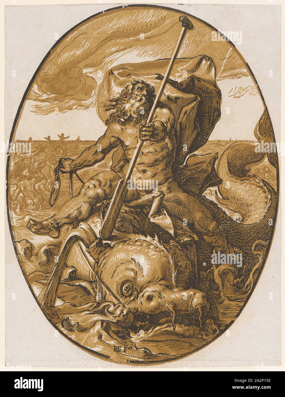 Oceanus, 1588/90 (probablement imprimer 1617/20), gravure sur bois clair-obscur de trois plaques (ocre, marron clair et noir), de l'image : 35,3 x 26,6 cm (ovale) |, feuille : 35,6 x 26,8 cm, U. M. inscrit : HG., [lig.] F, Hendrick Goltzius, Mühlbrecht 1558-1617 Haarlem, Willem Jansz. Blaeu, Verleger, Alkmaar 1571-1638 Amsterdam Banque D'Images