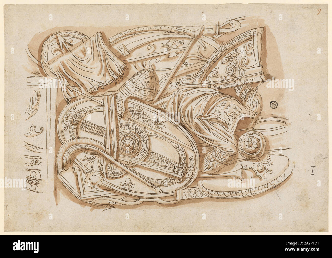 Soulagement avec des trophées d'armes à partir de la base de la colonne Trajane, 1541-1547, plume en brun, rouge-brun lavé, feuille : 21,1 x 30,4 cm, U. r., espace : I, o. r., numéroté avec craie rouge : 9, Frans Floris De Vriendt I., Antwerpen 1519/20-1570 Antwerpen Banque D'Images