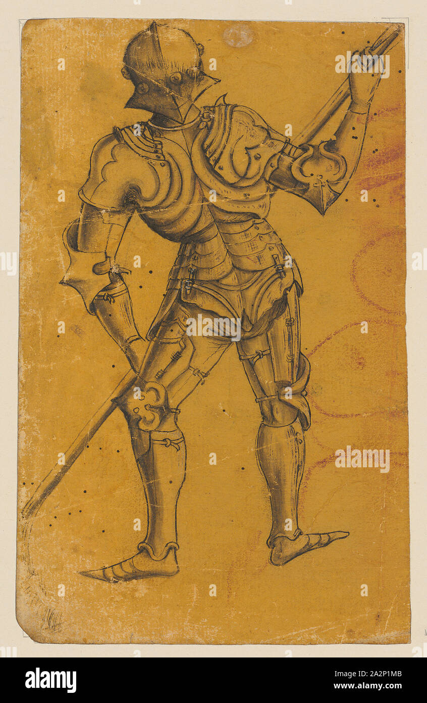 Guerrier en armure lourde avec lance, vu de l'arrière, 2e moitié du 15e siècle, le bas en noir, gris lavez, légèrement augmenté en blanc, jaune sur papier apprêté, feuille : 19,3 x 12,2 cm, non marqué, Anonym, Süddeutschland (Ulm ?), 2. Hälfte 15. Jh Banque D'Images