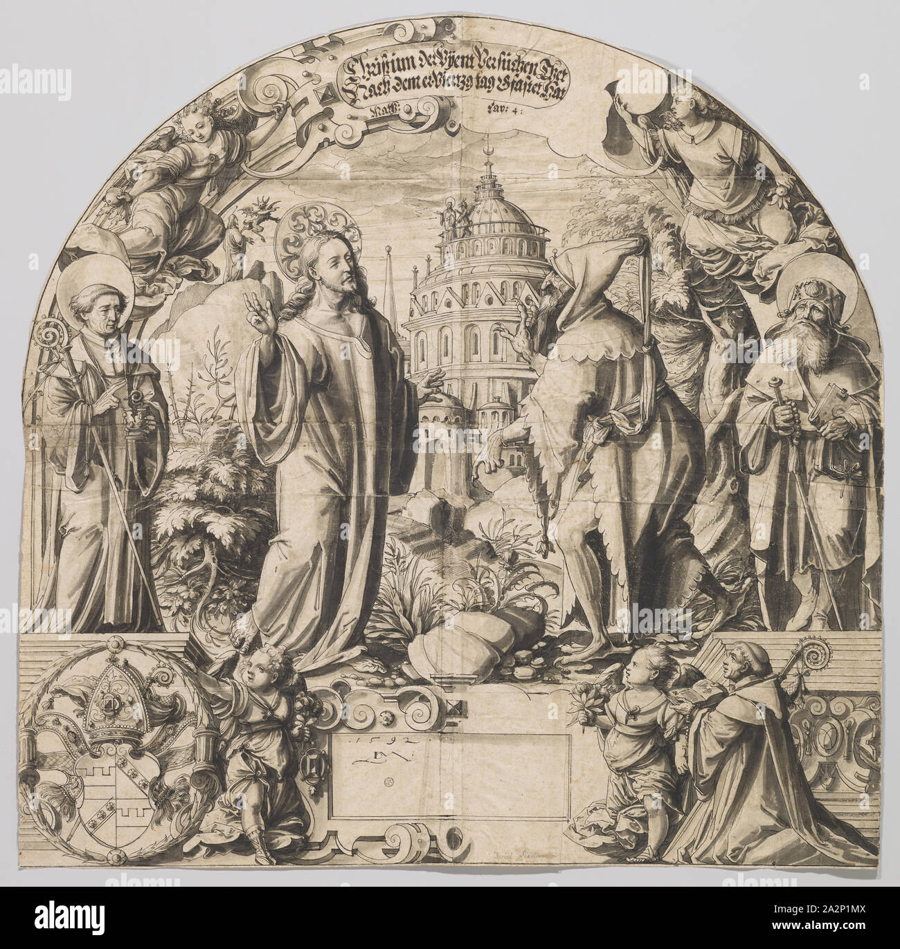 Du verre brisé pour une lunette fenêtre avec la tentation du Christ, entouré de saints Benoît et James d., Ä., bas à gauche les armoiries de l'Abbé Jacobus Maier, abbé de Muri, 1592, plume en noir, gris lavé, feuille : 65,3 x 65,7 cm, O. inscrit dans le cartouche avec stylo en marron : Christum Le Vyent Essayer Thet, Nach, il avait quatre jours Gfastet Hat, u, ., datées dans le stylo avec cartouche en noir et monogrammé : 1592 DLM [lig.], Daniel Lindtmayer d. J., Schaffhouse 1552-1603 Stans Banque D'Images