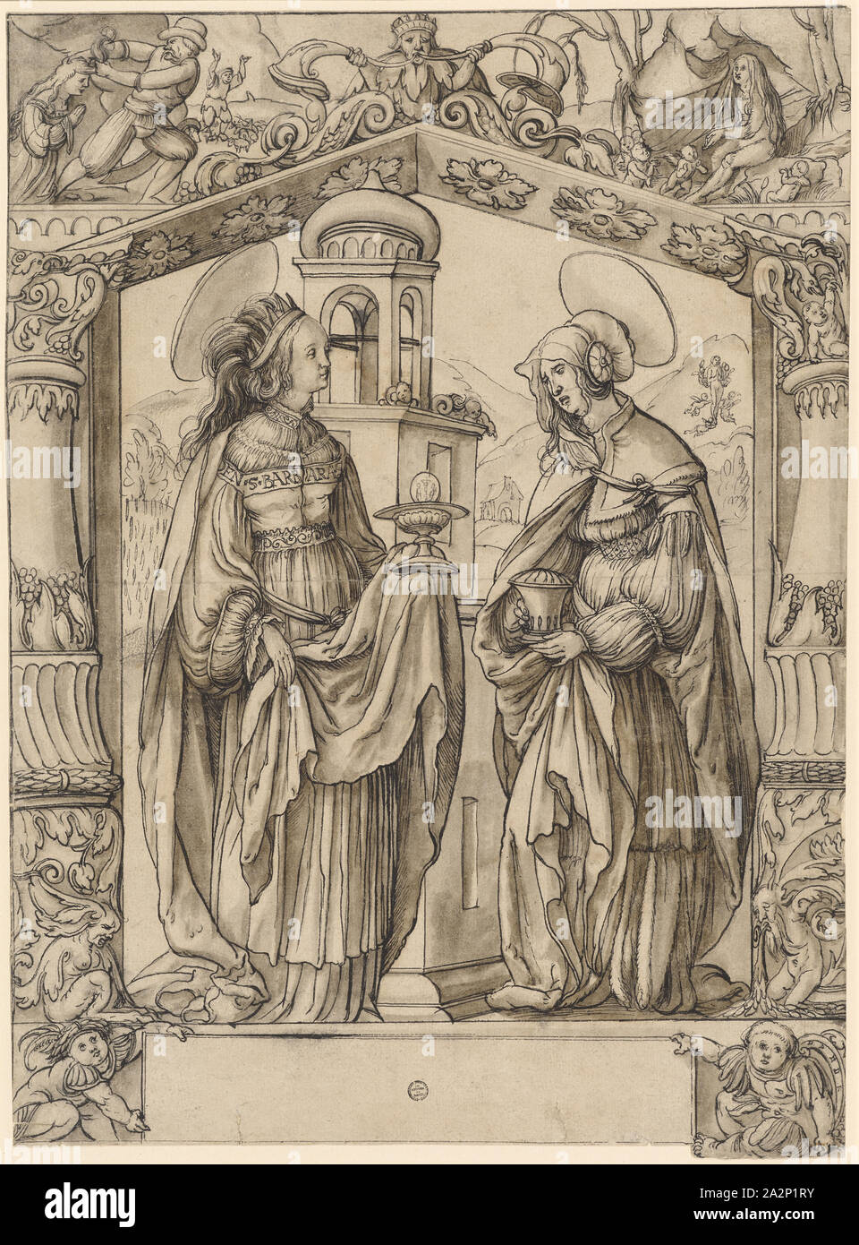 Rompre avec la tranche. hll, Barbara et Magdalena, autour de 1560/70, plume en gris et noir, brun et gris lavé, monté, folia : 42,6, 43,1 x 31,2 cm, 31,7 cm, non marqué, Hans Holbein d. J., (Umkreis / cercle), Augsburg um 1497/98-1543 Londres, Hans Hug Kluber, ( ?), Bâle Bâle 1578-1535/36 Banque D'Images