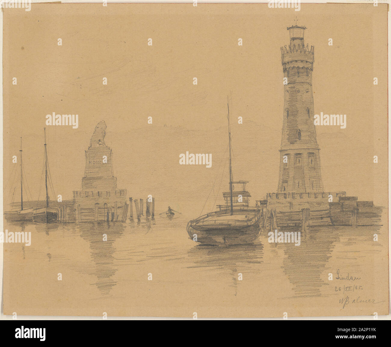 Leuchtturm et lion peinture sur base en pierre élevée dans le port de Lindau, 1885, crayon sur papier brun, lumière, feuille : 21 x 26 cm, U. r., inscrit, datée et signée au crayon : Lindau, 26, VII, 85., WBalmer, Wilhelm Balmer, Bâle 1865-1922 Rörswil (Bern)/Berne Banque D'Images