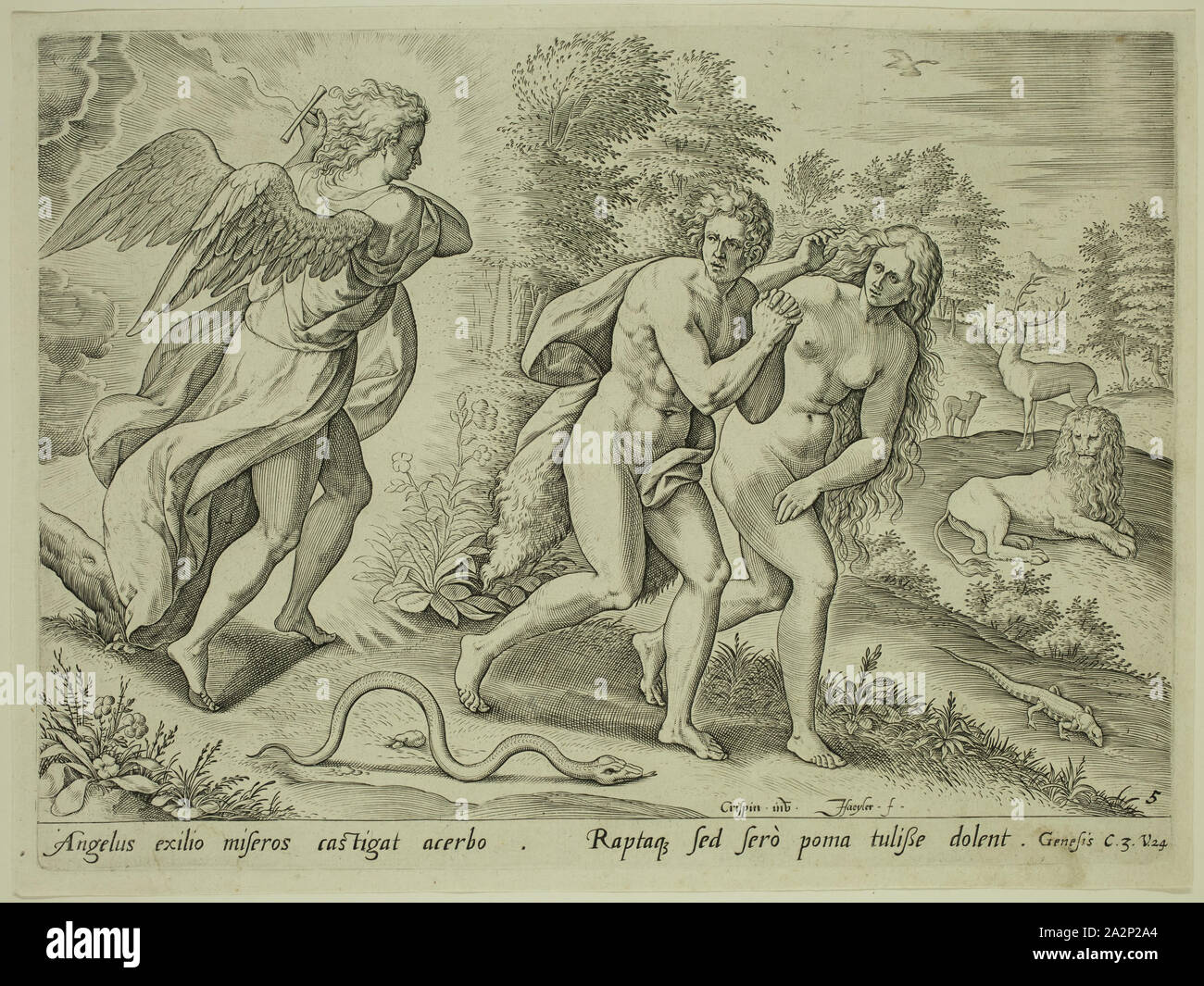 Johannes Sadeler, 1550-1600), Russisch, après Crispin van den Broeck, Russisch, 1524-1591, l'Ange d'expulser Adam et Eve du Paradis, entre 1550 et 1600, gravure imprimée dans l'encre noire sur papier vergé, plaque : 7 7/8 x 10 5/8 pouces (20 × 27 cm Banque D'Images