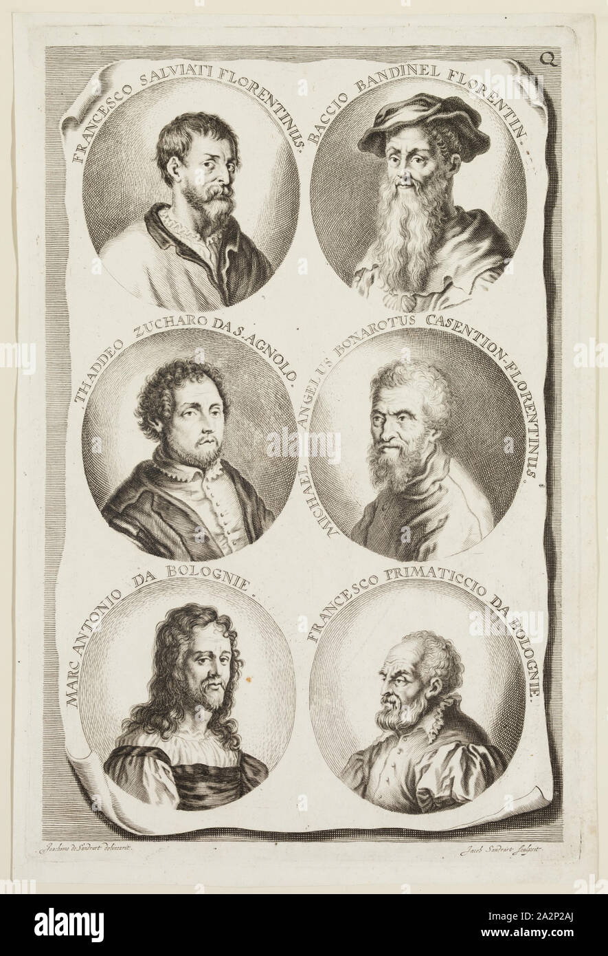 Jacob von Sandrart, allemand, 1630-1708, après Joachim von Sandrart J, allemand, 1606-1688, Portraits de Francisco Salviati, Baccio Baudinelli, Taddeo Zuccaro, Michelangelus Bonarotus, Marc Antonio, Francesco Primatice, ca. 1683, gravure imprimée à l'encre noire sur papier vergé, plaque : 12 7/8 x 8 3/8 pouces (32,7 × 21,3 cm Banque D'Images